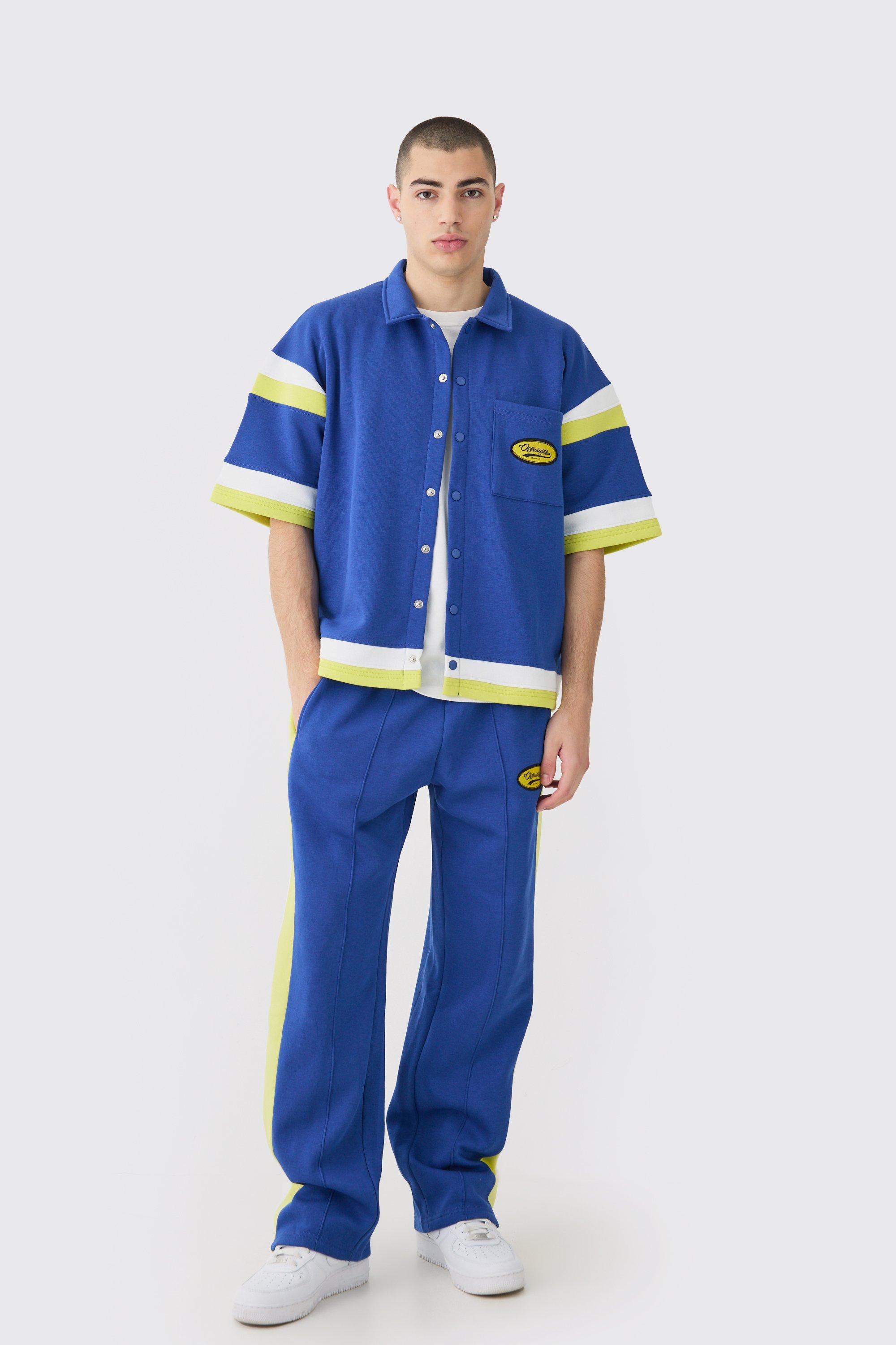 Mens Blue Boxy Fit Varsity Shirt and Trouser Set, Blue