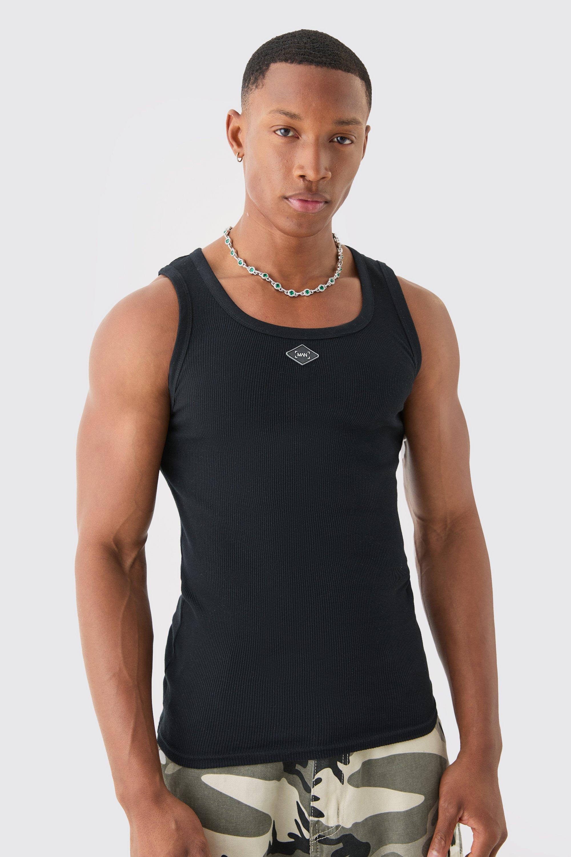 Image of Ribbed Branded Muscle Fit Vest, Nero