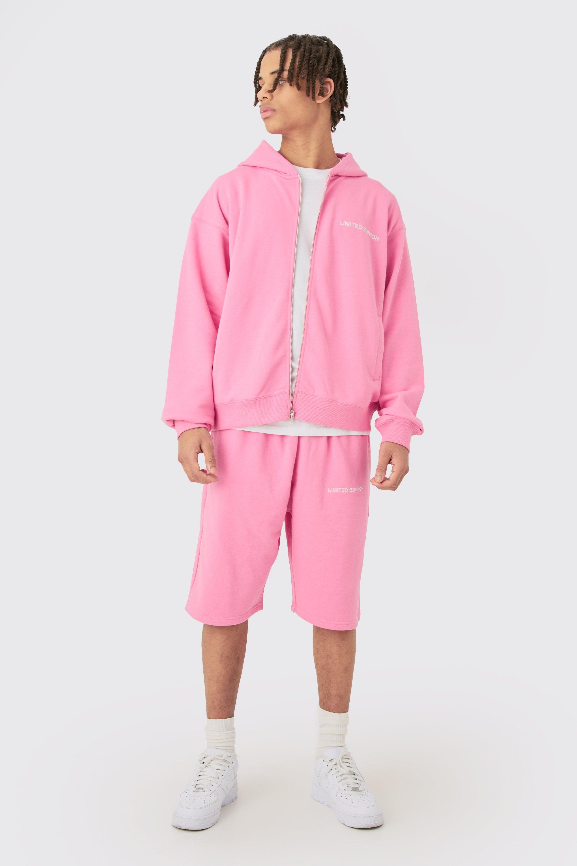 Mens Pink Oversized Boxy Zip Through Hooded Short Tracksuit, Pink