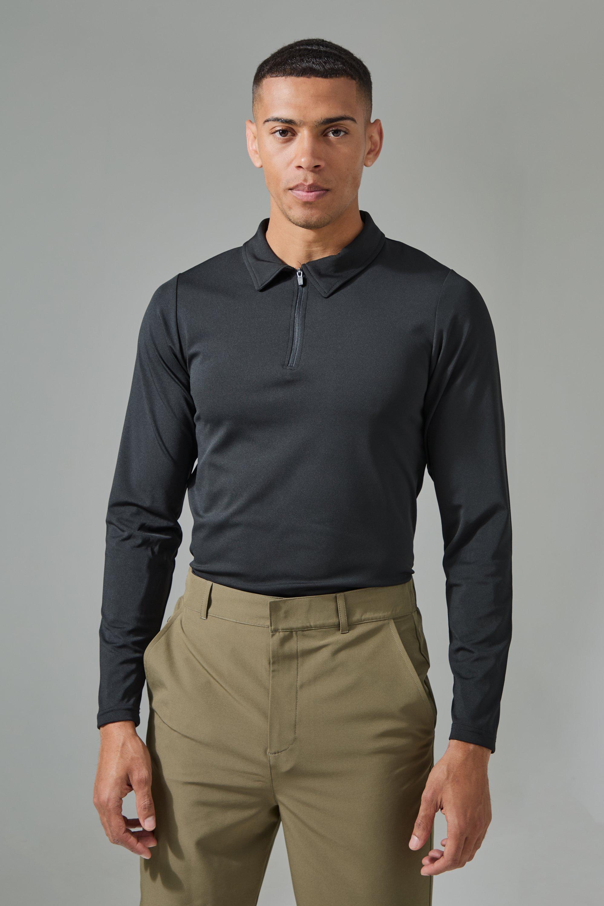 Mens Black Man Active Long Sleeve Golf Slim Fit Polo, Black