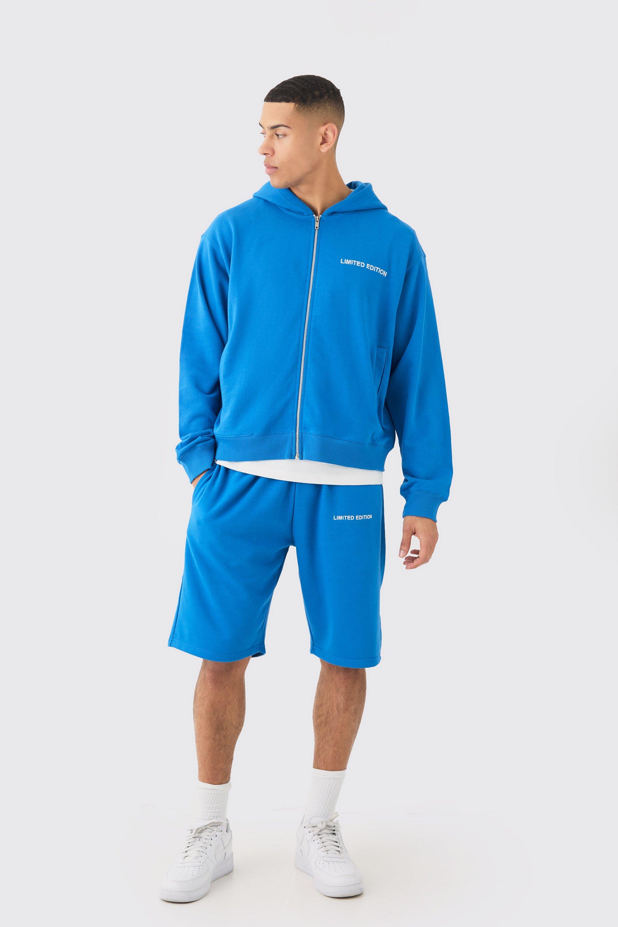 Mens Blue Oversized Boxy Zip Through Hooded Short Tracksuit, Blue