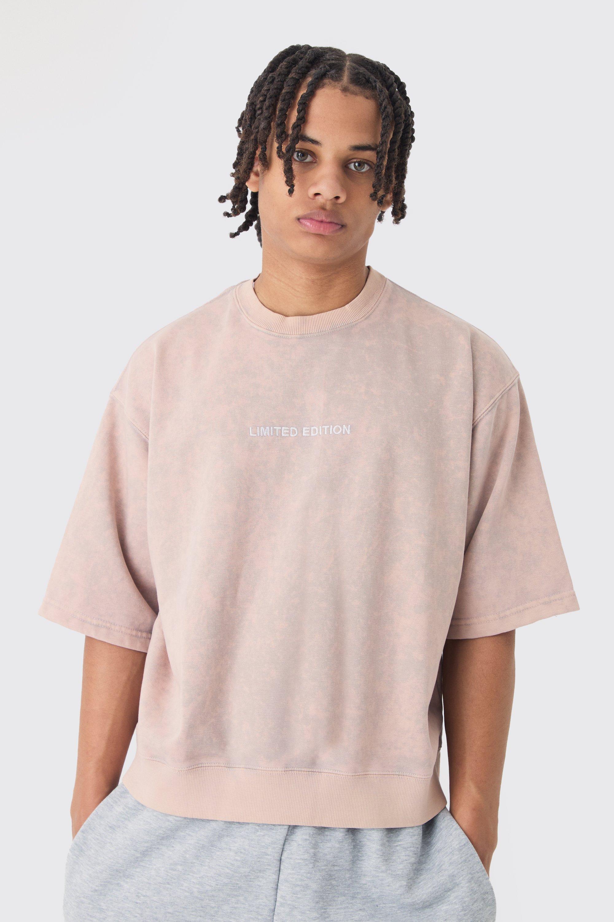 Mens Pink Oversized Boxy Half Sleeve Acid Washed Sweatshirt, Pink