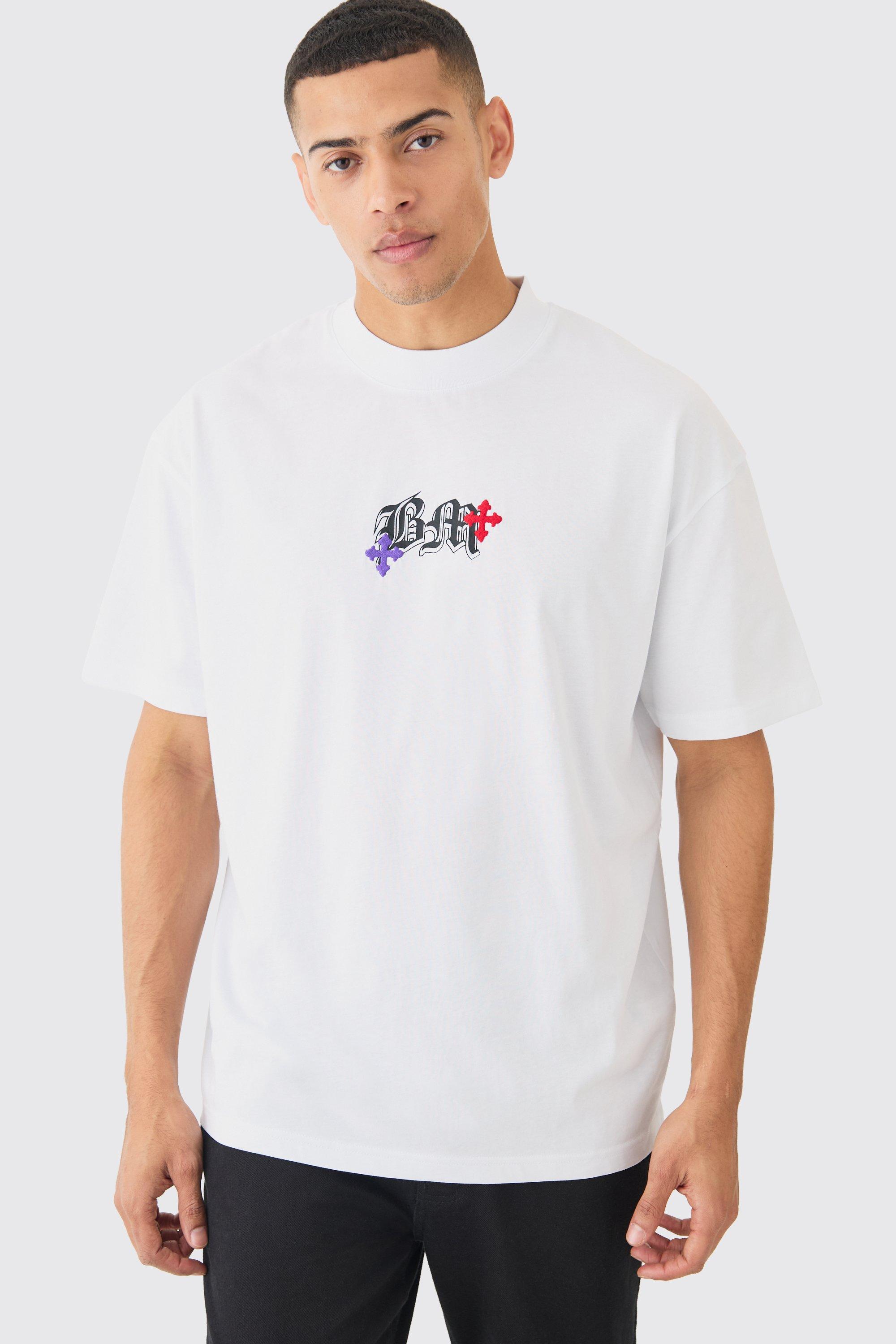 Image of Oversized Heavyweight Bm Cross Embroidered T-shirt, Bianco