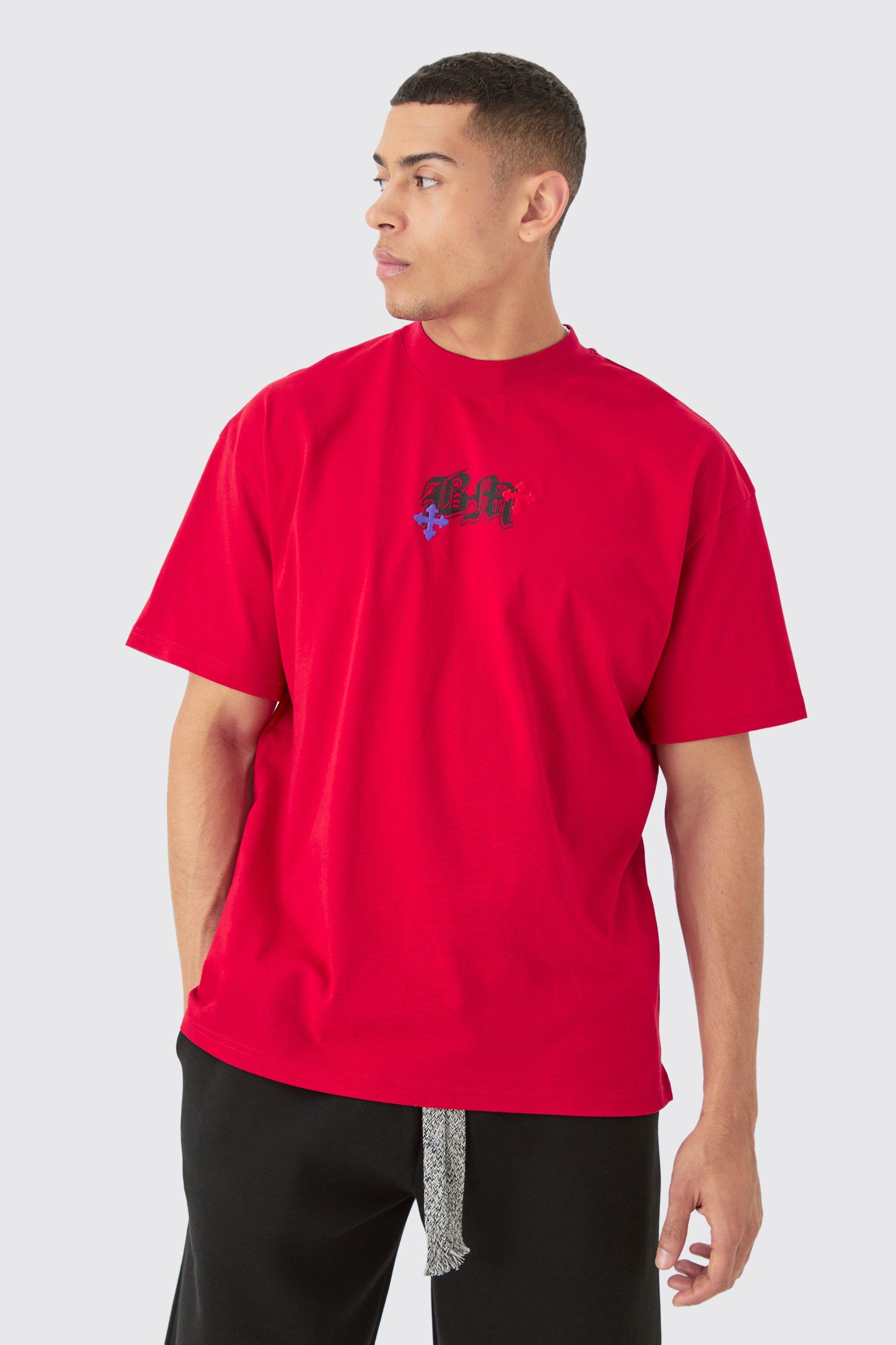Image of Oversized Heavyweight Bm Cross Embroidered T-shirt, Rosso