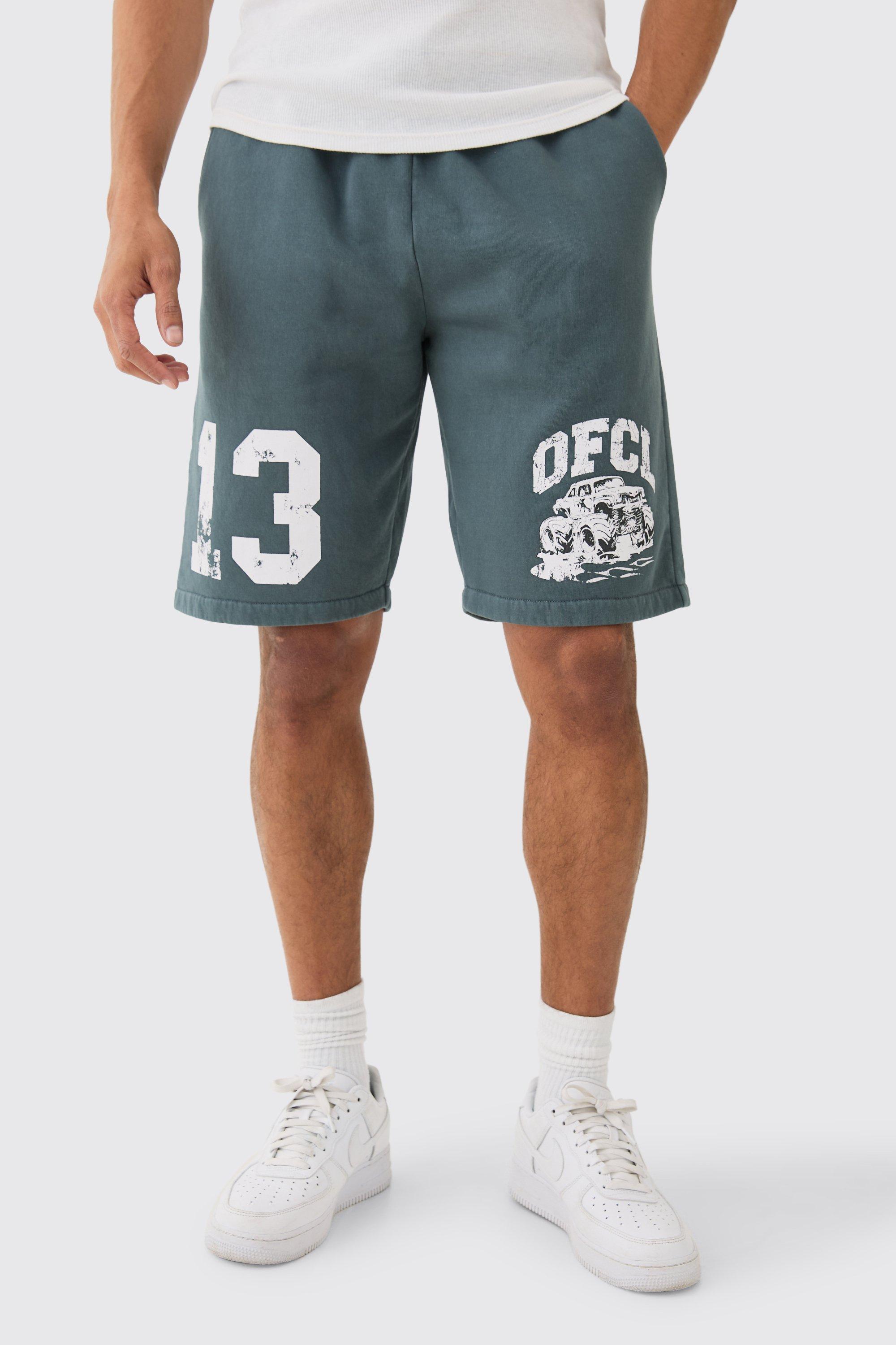 Image of Relaxed Long Length Ofcl Racing Acid Wash Shorts, Grigio