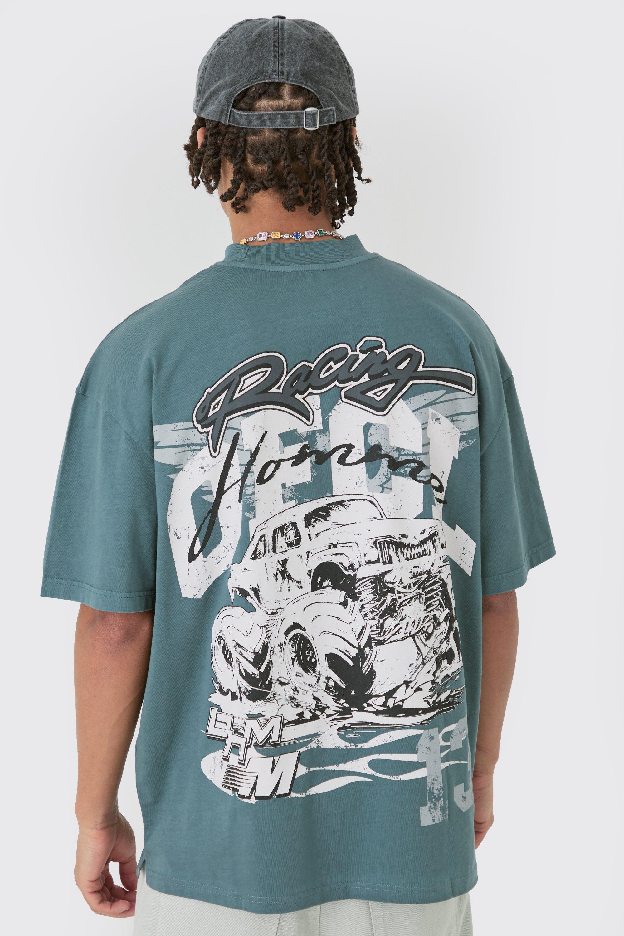 Image of Oversized Extended Neck Ofcl Racing Acid Wash T-shirt, Grigio