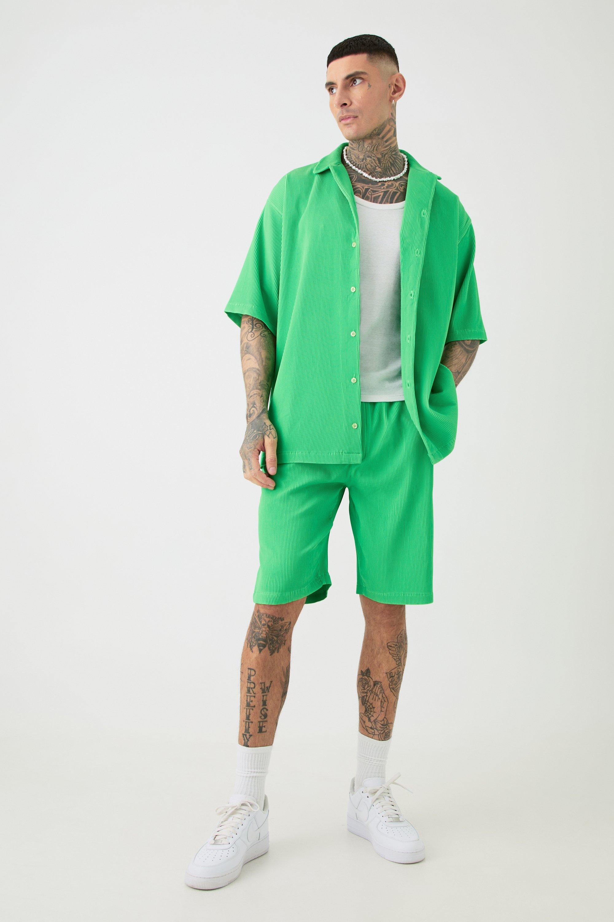 Mens Tall Oversized Short Sleeve Pleated Shirt & Short In Green, Green