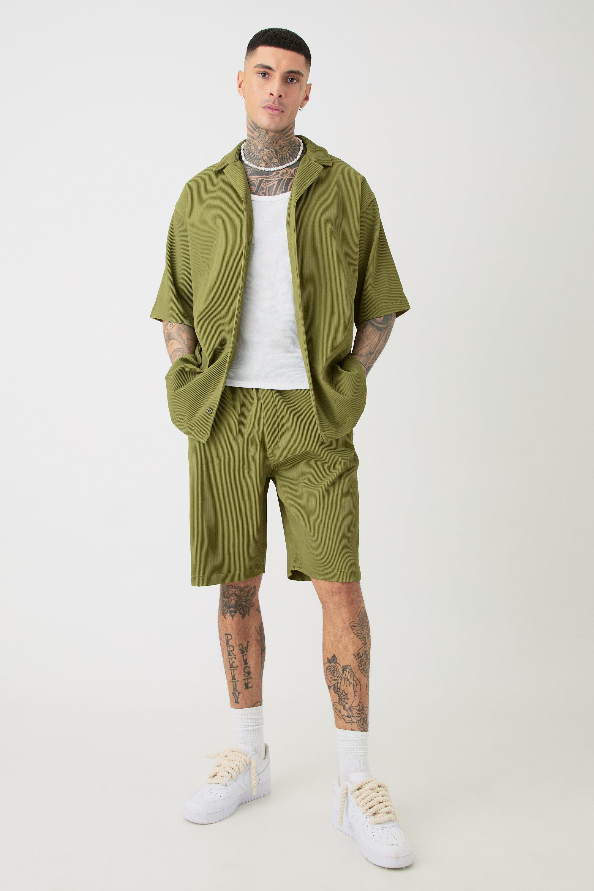 Mens Green Tall Oversized Revere Pleated Shirt & Short Set In Khaki, Green