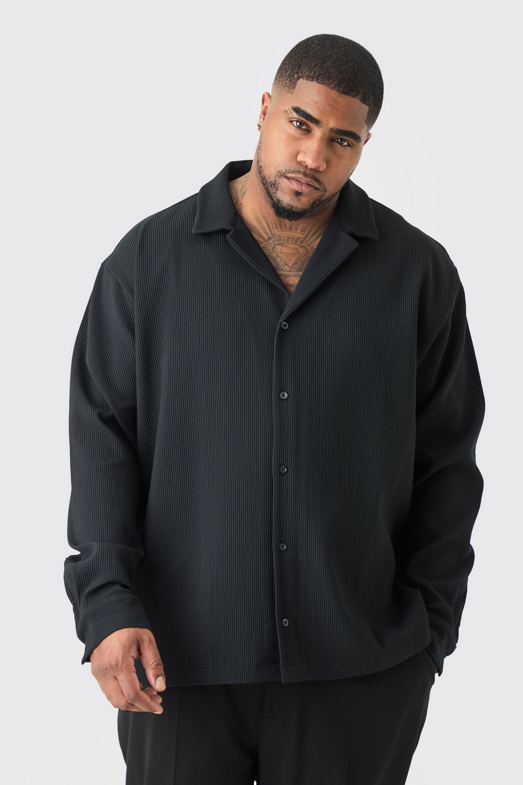 Image of Plus Drop Revere Long Sleeve Pleated Shirt In Black, Nero