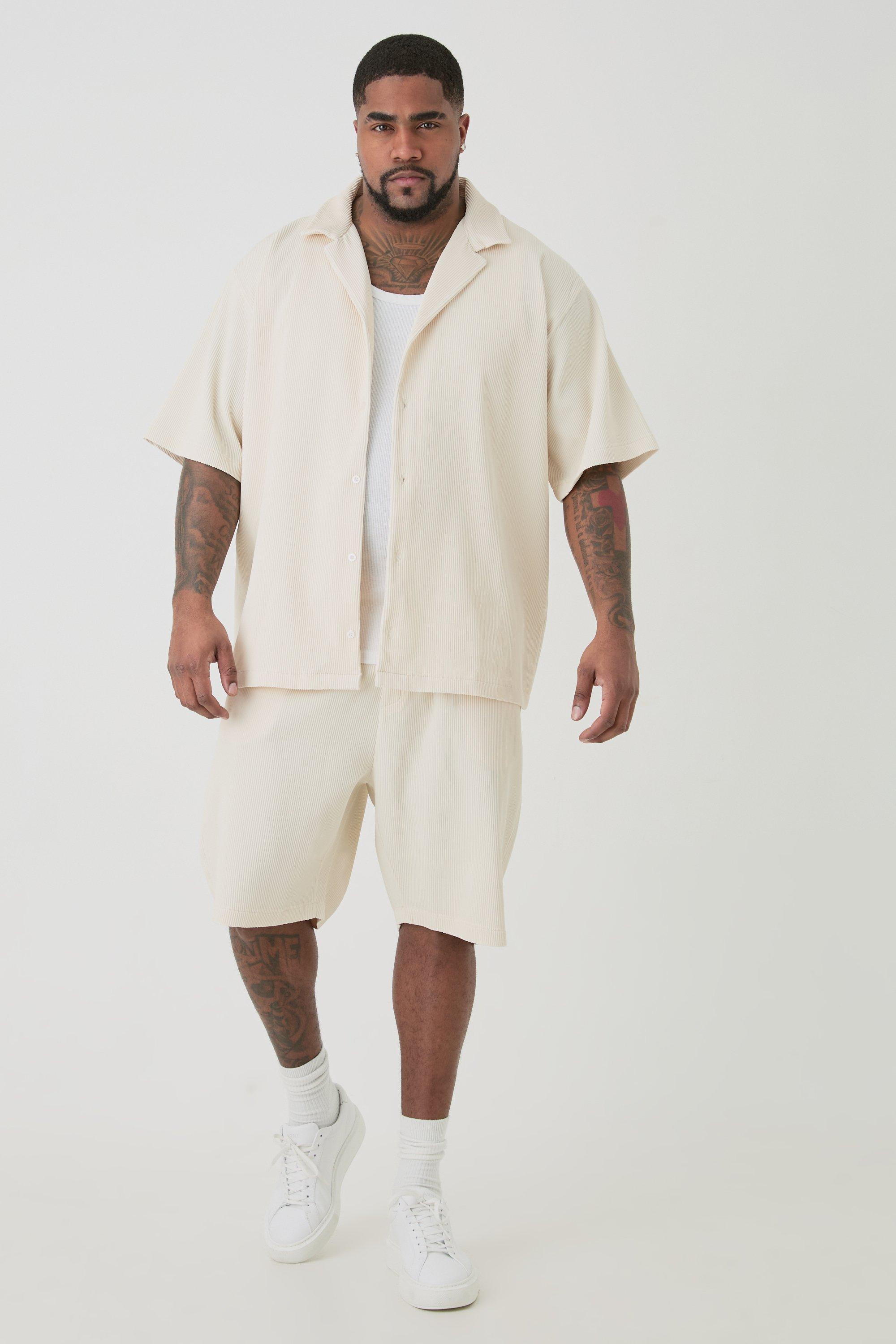 Image of Plus Drop Revere Pleated Shirt & Short Set In Ecru, Cream