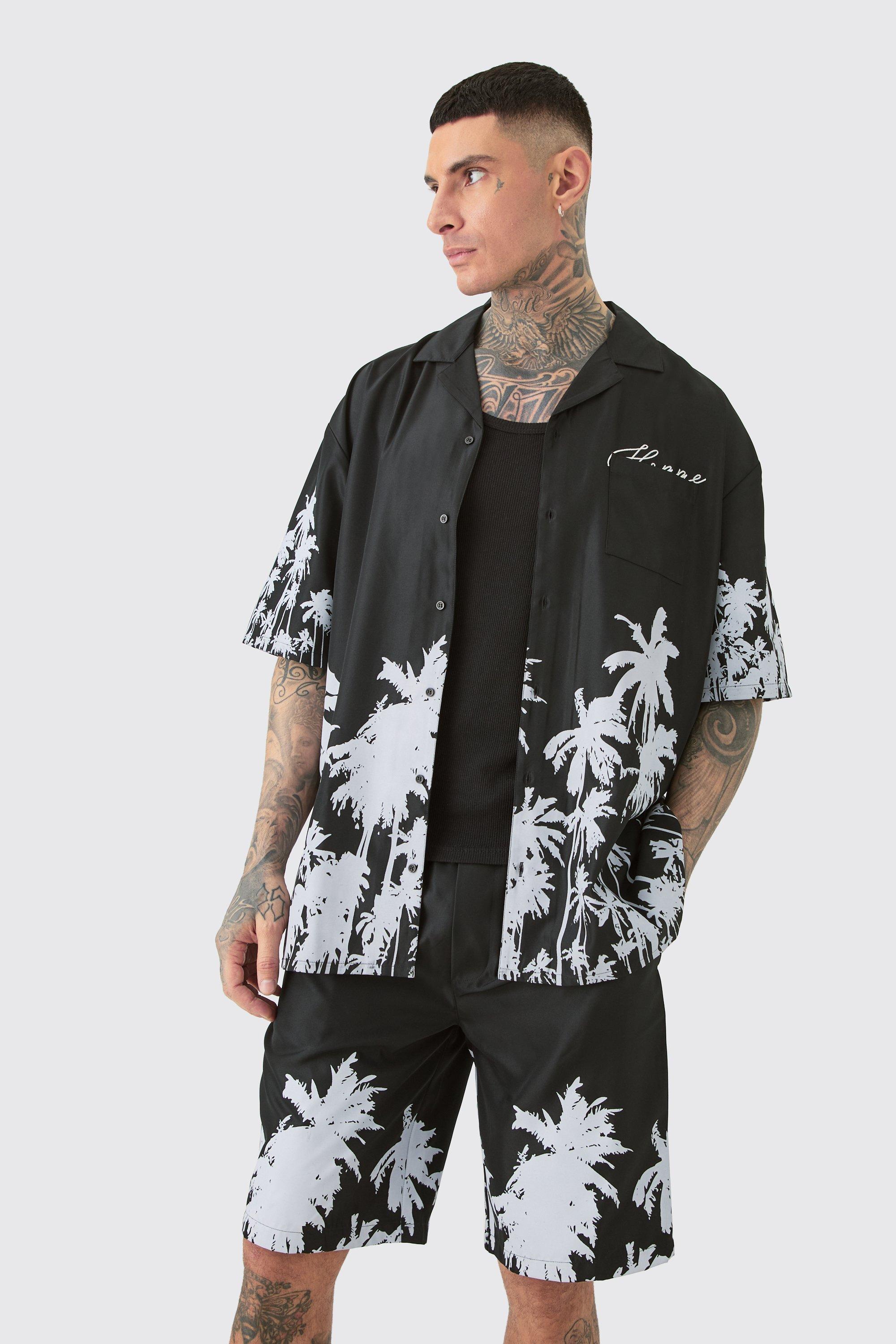 Mens Black Tall Soft Twill Palm Hem Oversized Boxy Shirt & Short Set, Black