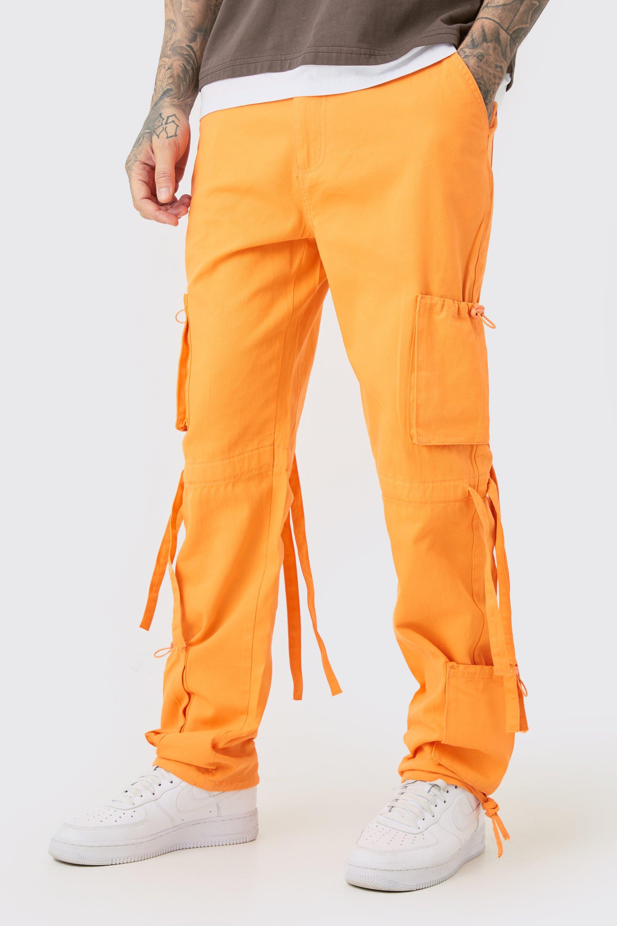 Mens Orange Tall Fixed Waist Washed Twill Multi Cargo Trouser, Orange