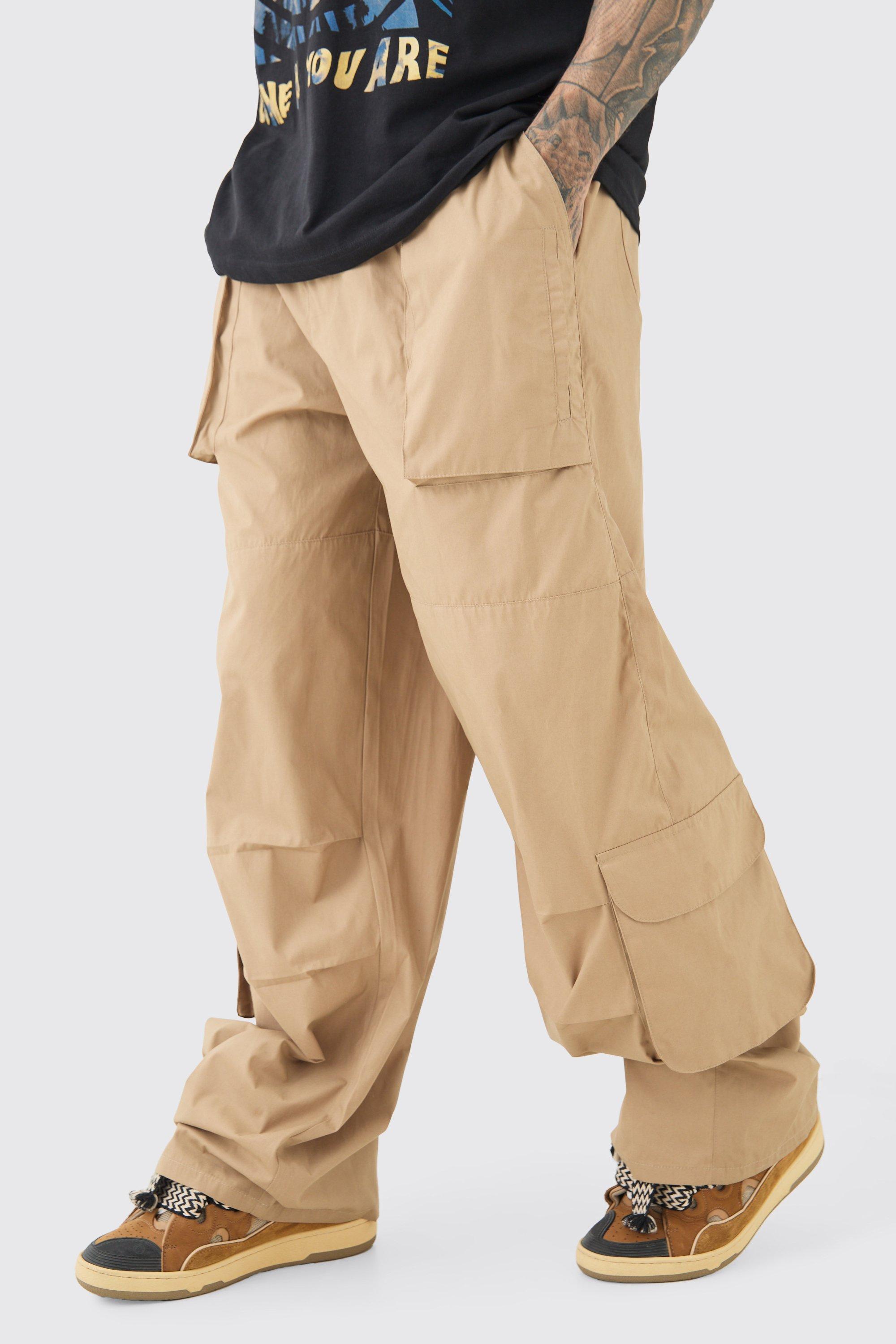 Mens Beige Tall Elasticated Waist Oversized Peached Cargo Trouser, Beige