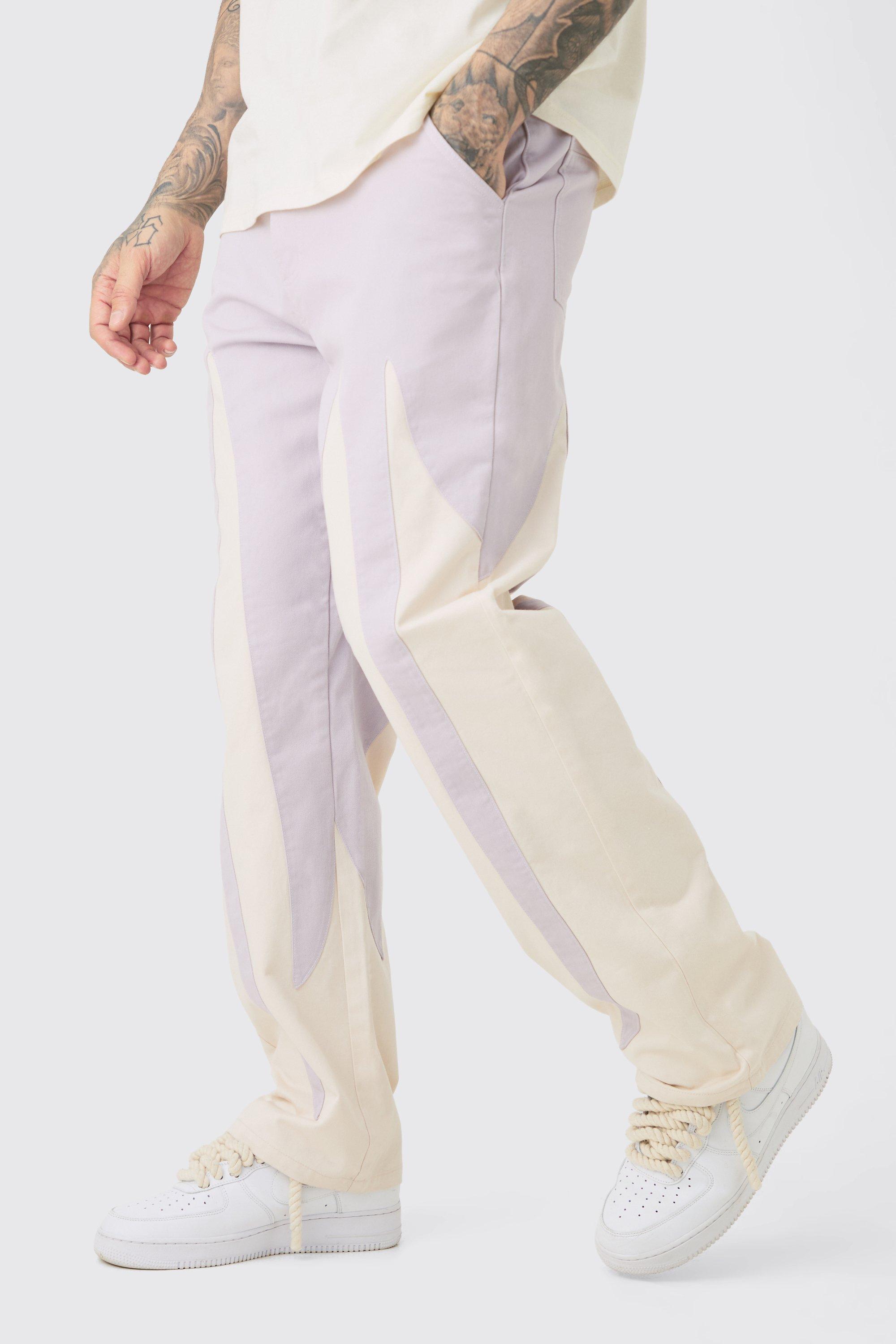 Mens Purple Tall Fixed Waist Washed Colour Block Twill Trouser, Purple