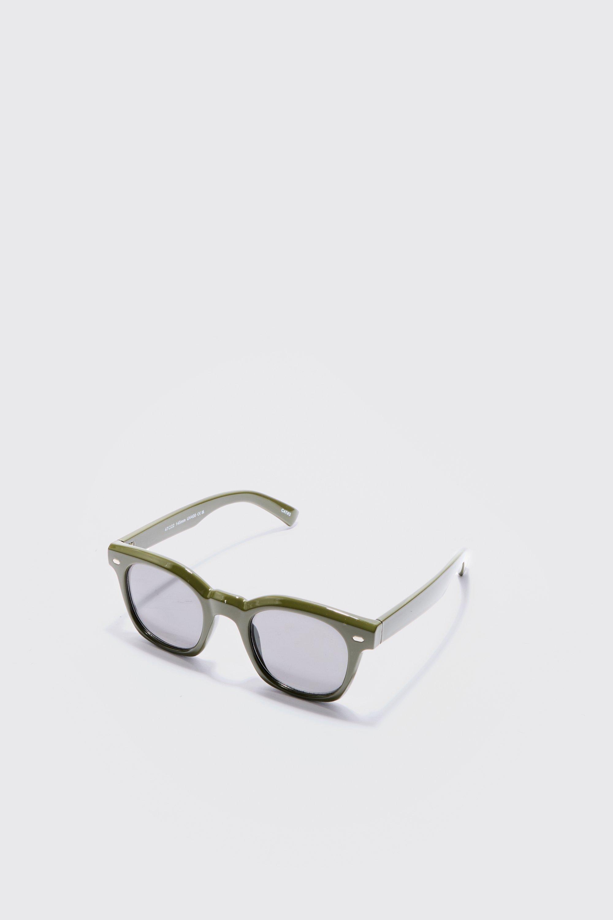 Mens Grey Plastic Retro Sunglasses In Olive, Grey