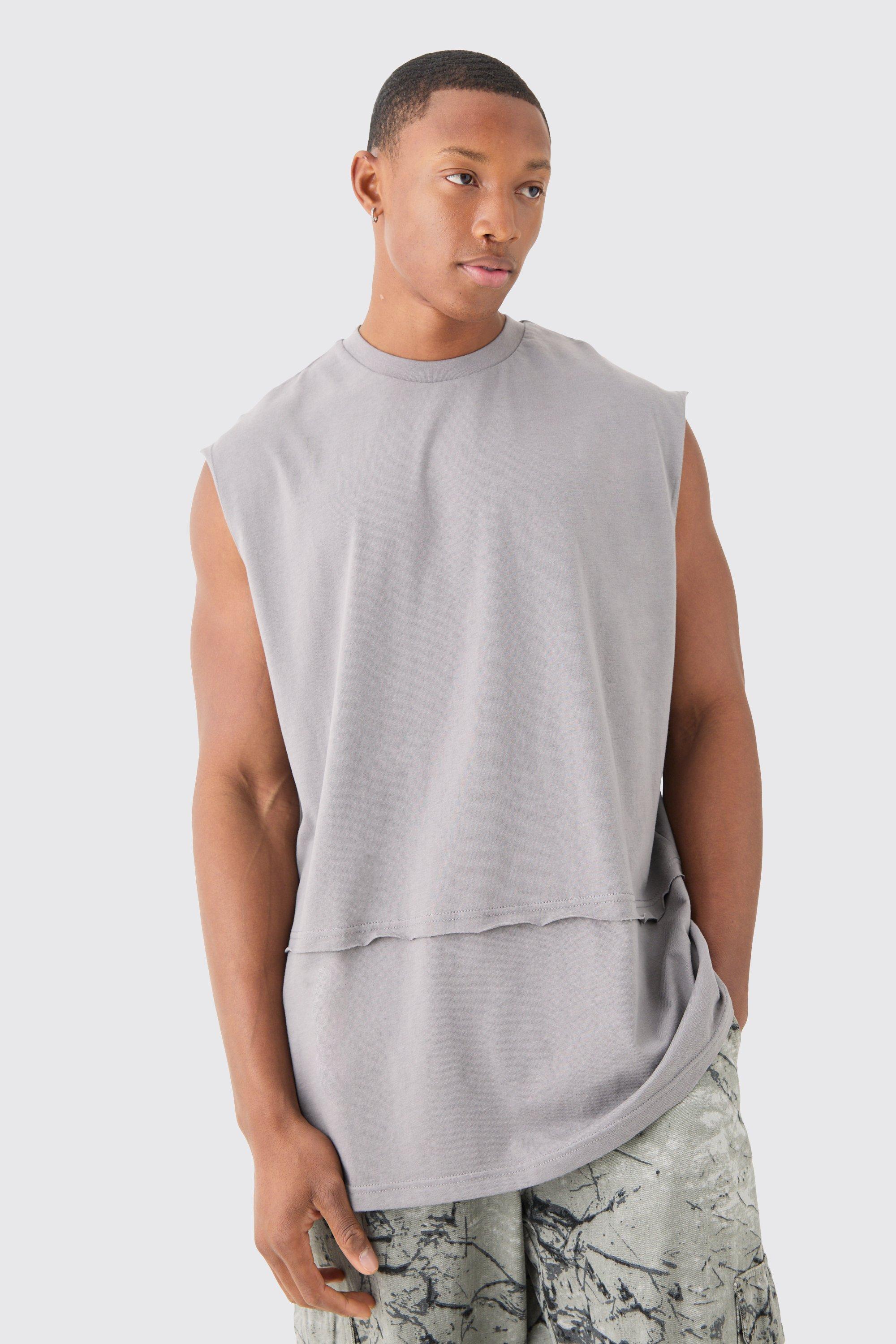 Mens Grey Oversized Raw Layer vest, Grey