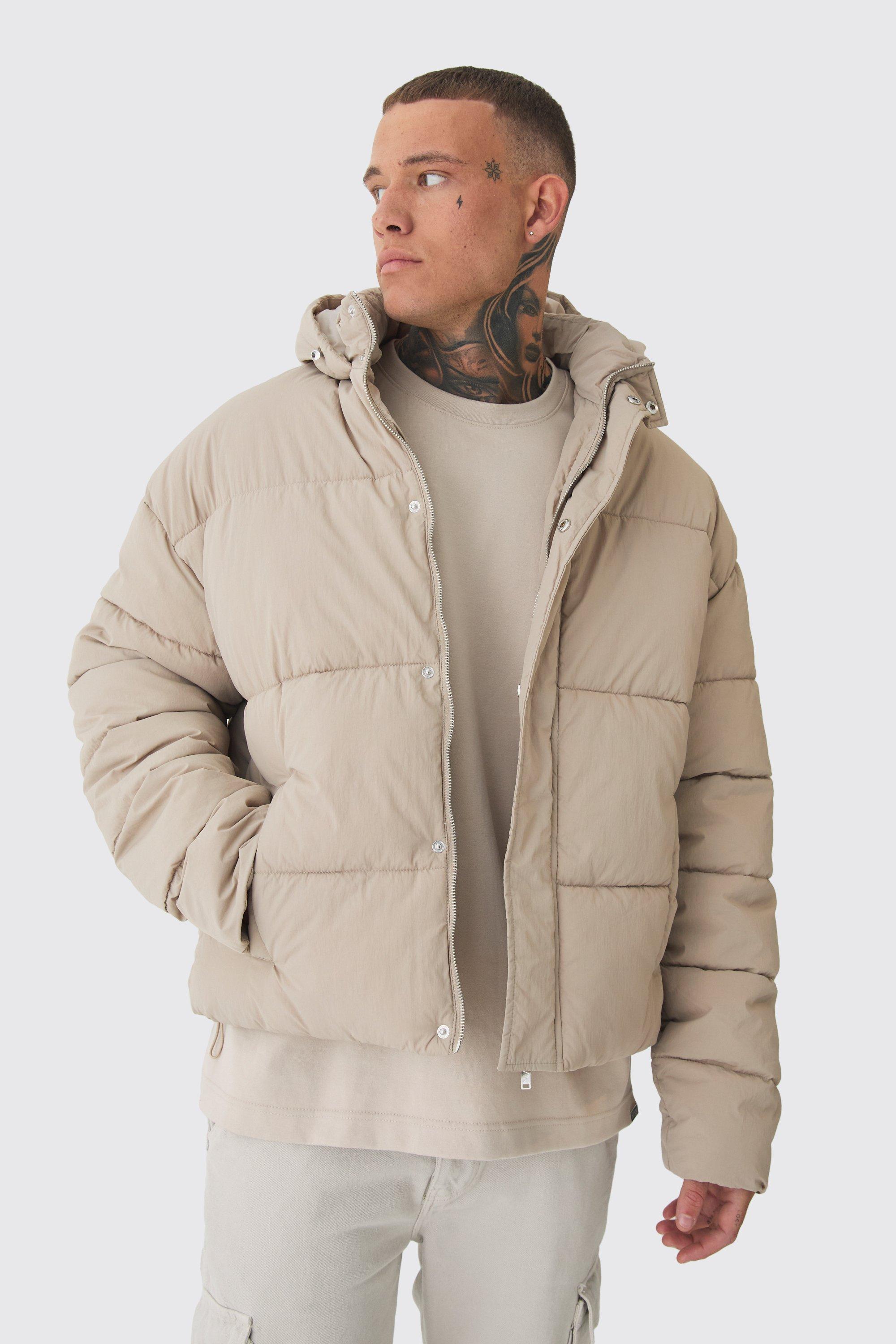 Mens Beige Tall Boxy Crinkle Nylon Puffer Jacket In Sand, Beige