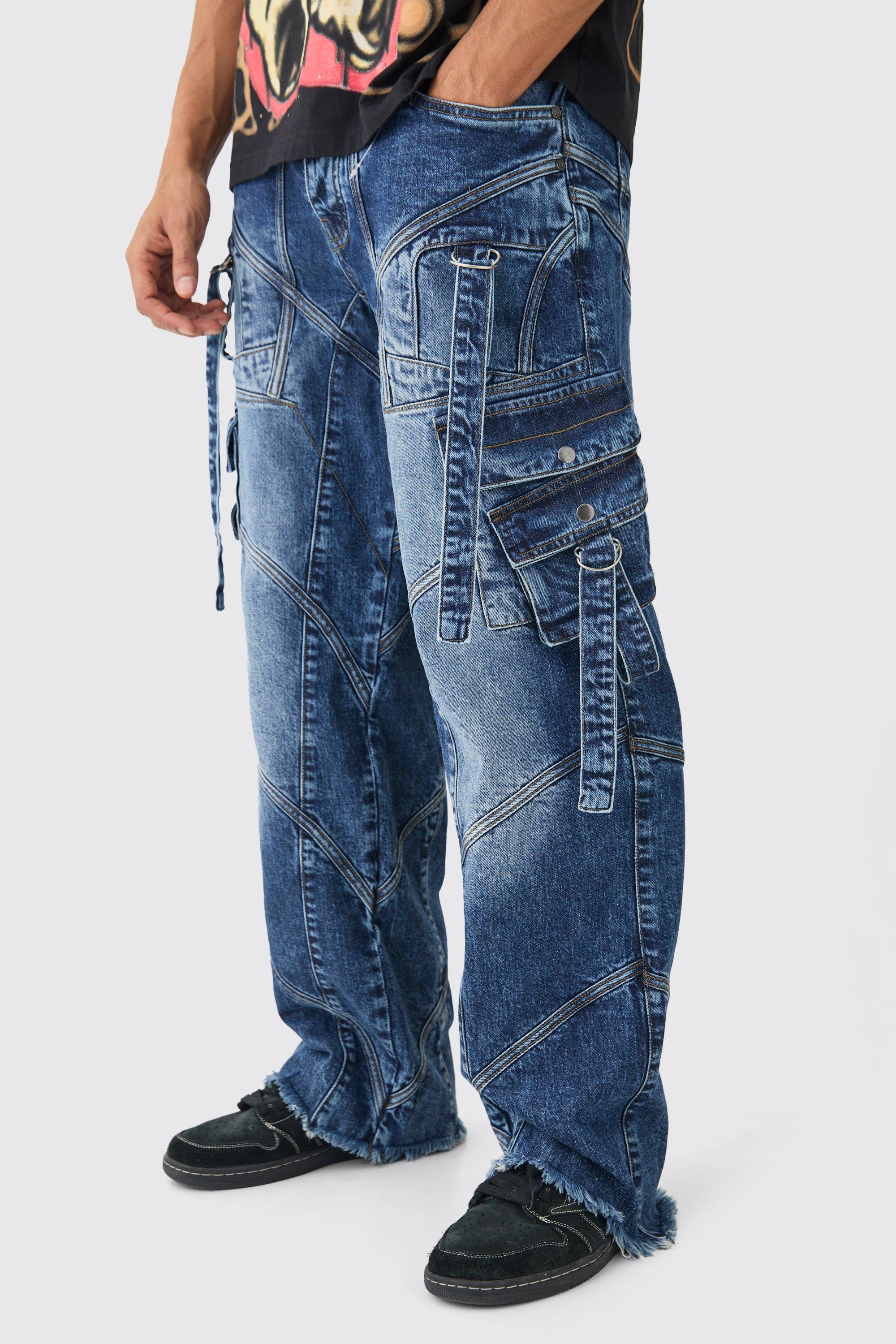Image of Jeans extra comodi in indaco in denim rigido con fascette e fibbia, Azzurro