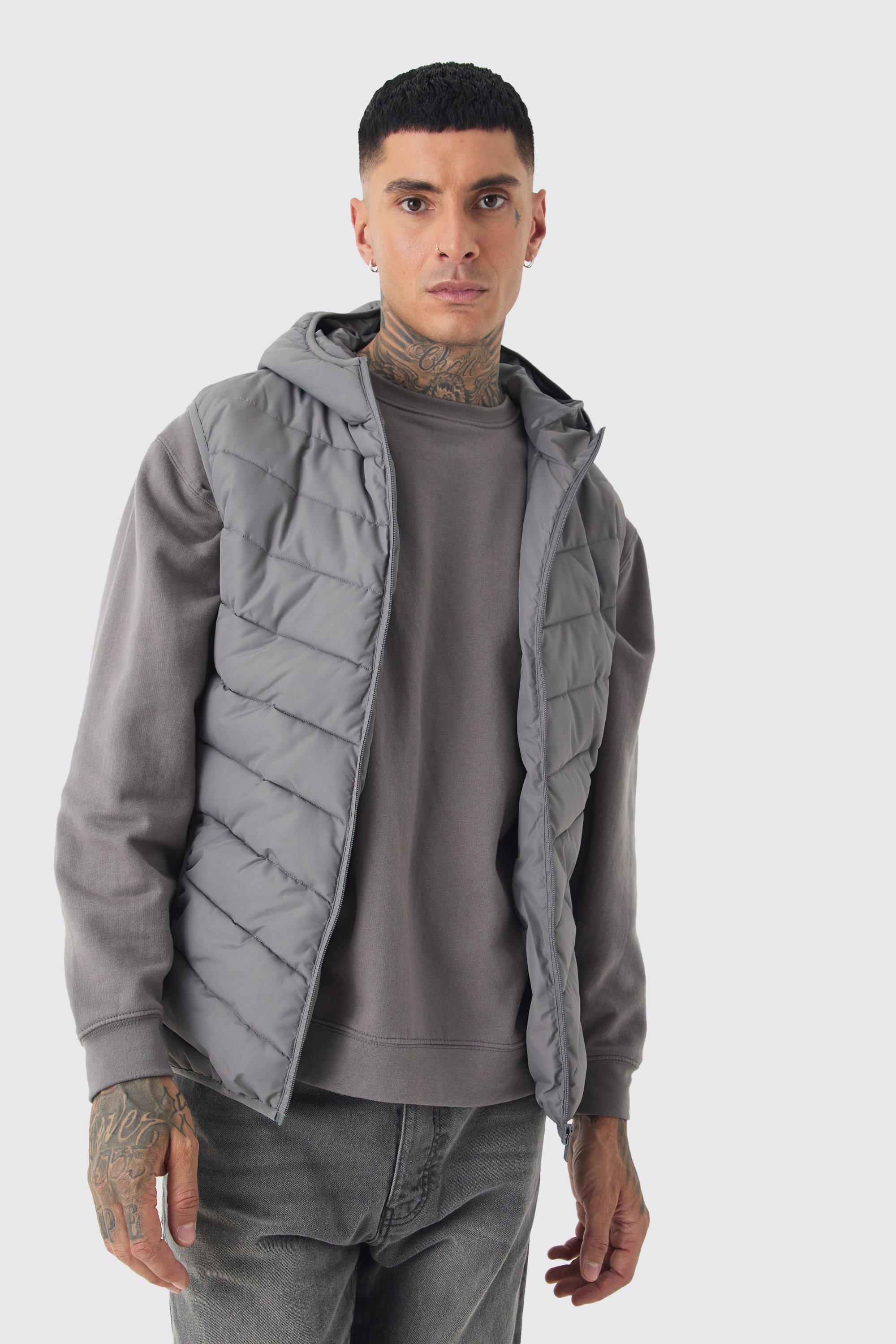 Mens Grey Tall Quilted Zip Through Hooded Gilet In Charcoal, Grey