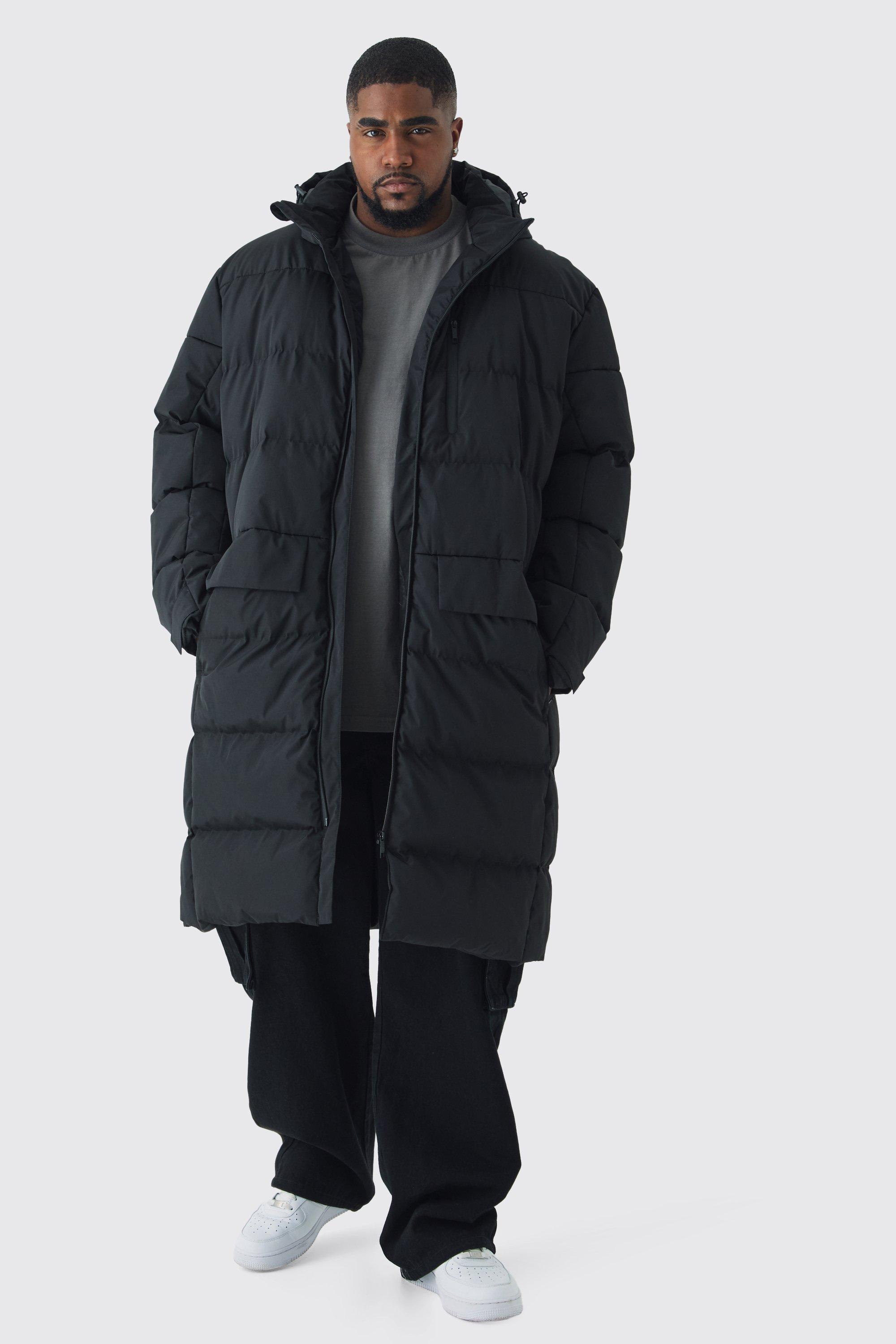 Mens Plus Mid Length Hooded Puffer Jacket In Black, Black