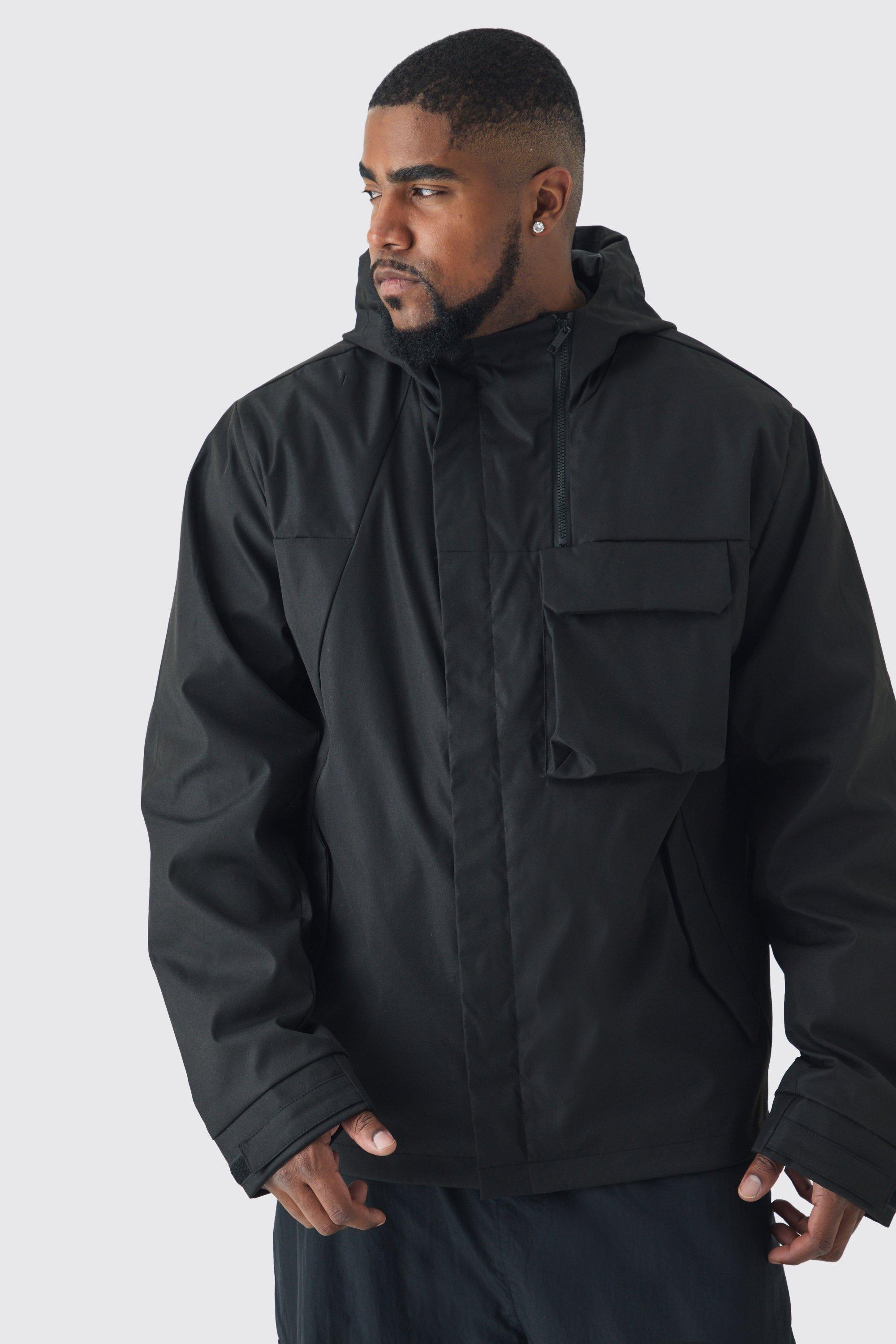 Mens Plus Lightweight Hooded Regular Fit Parka Jacket In Black, Black