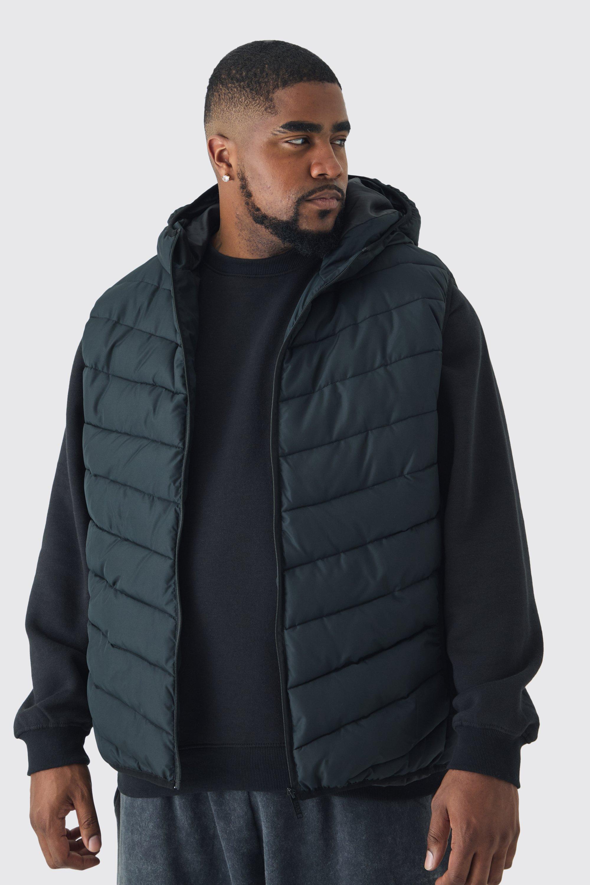 Mens Plus Quilted Zip Through Hooded Regular Fit Gilet In Black, Black