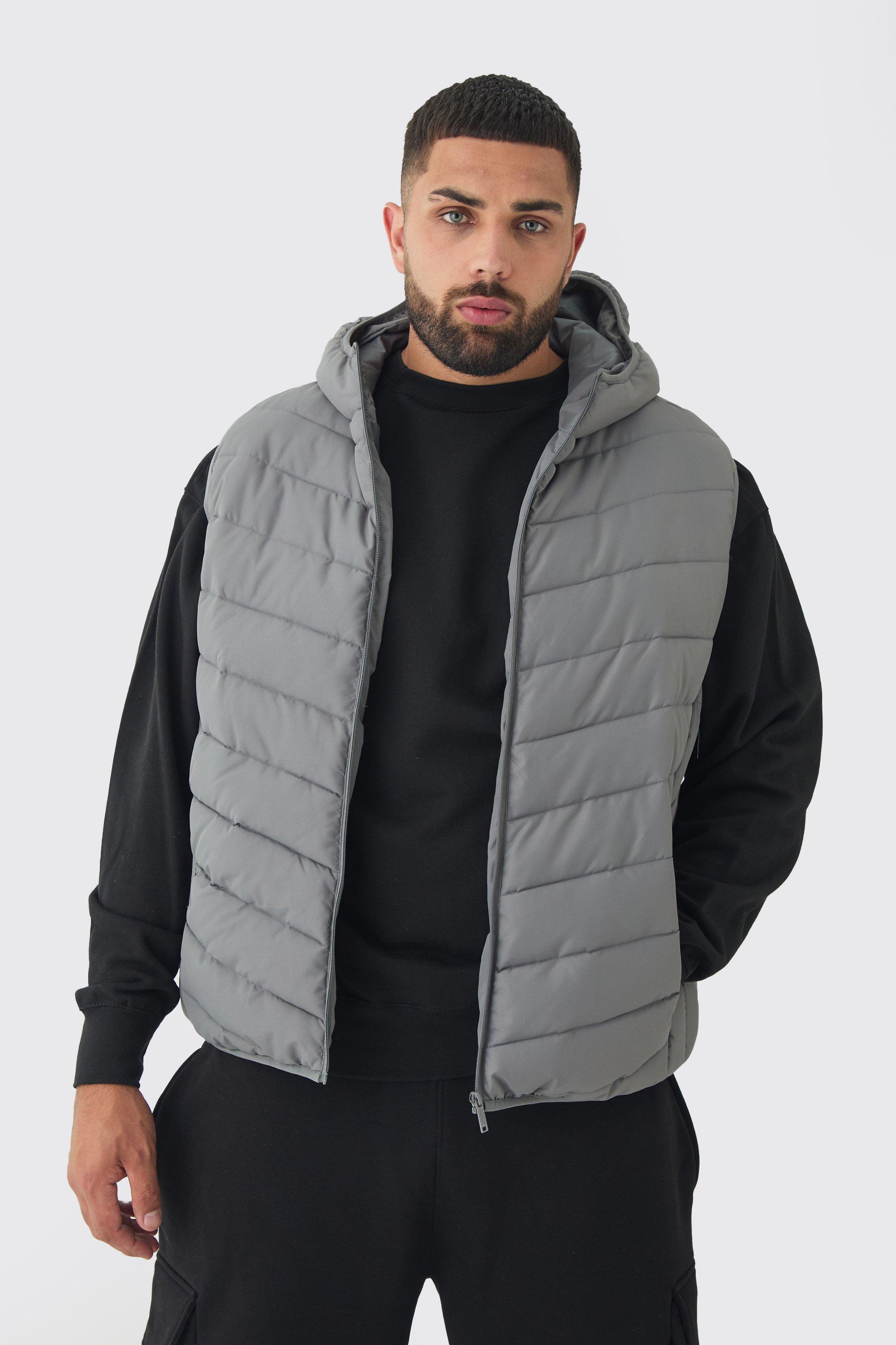 Mens Grey Plus Quilted Zip Through Hooded Regular Fit Gilet In Charcoal, Grey