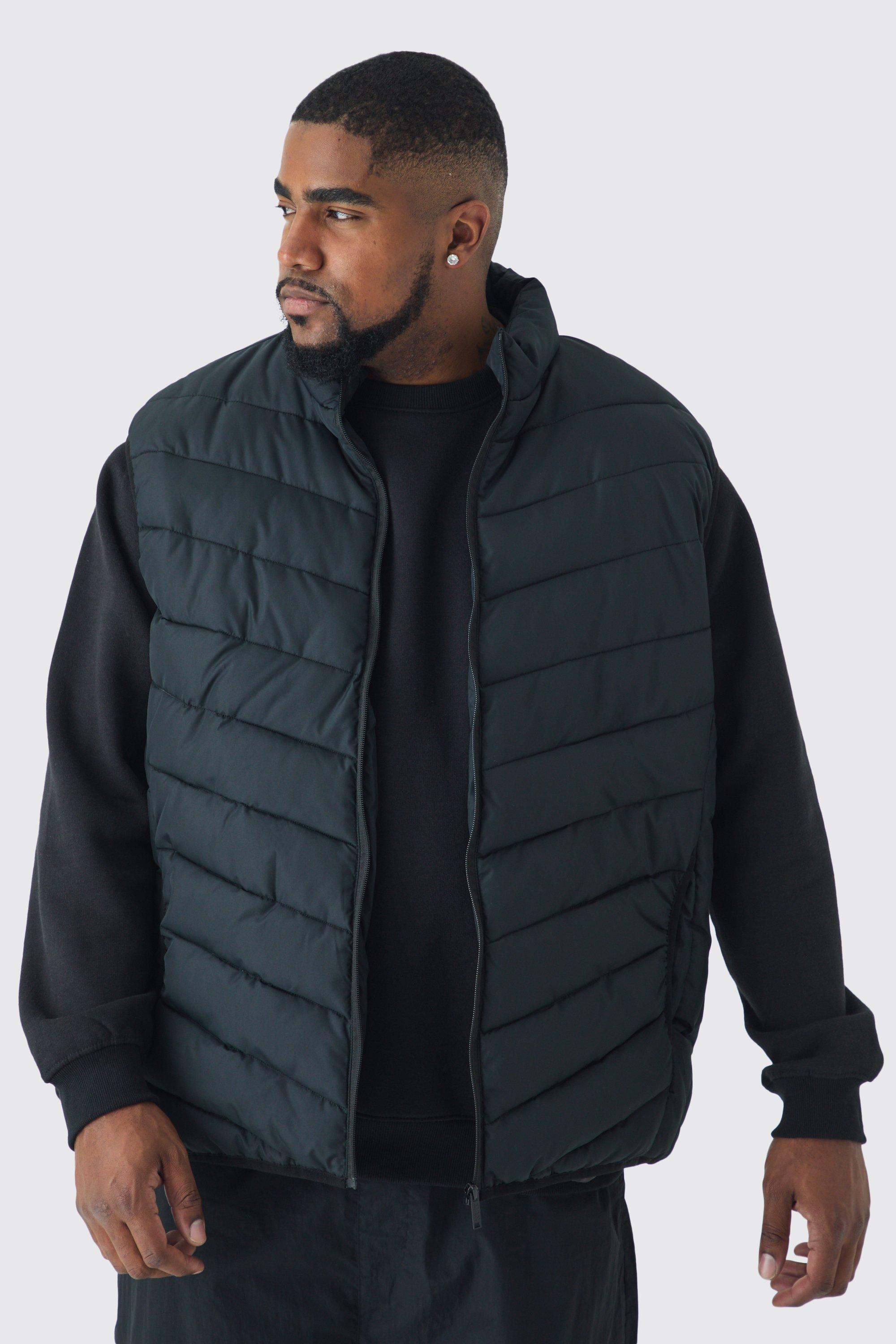 Mens Plus Regular Fit Quilted Zip Through Funnel Neck Gilet In Black, Black