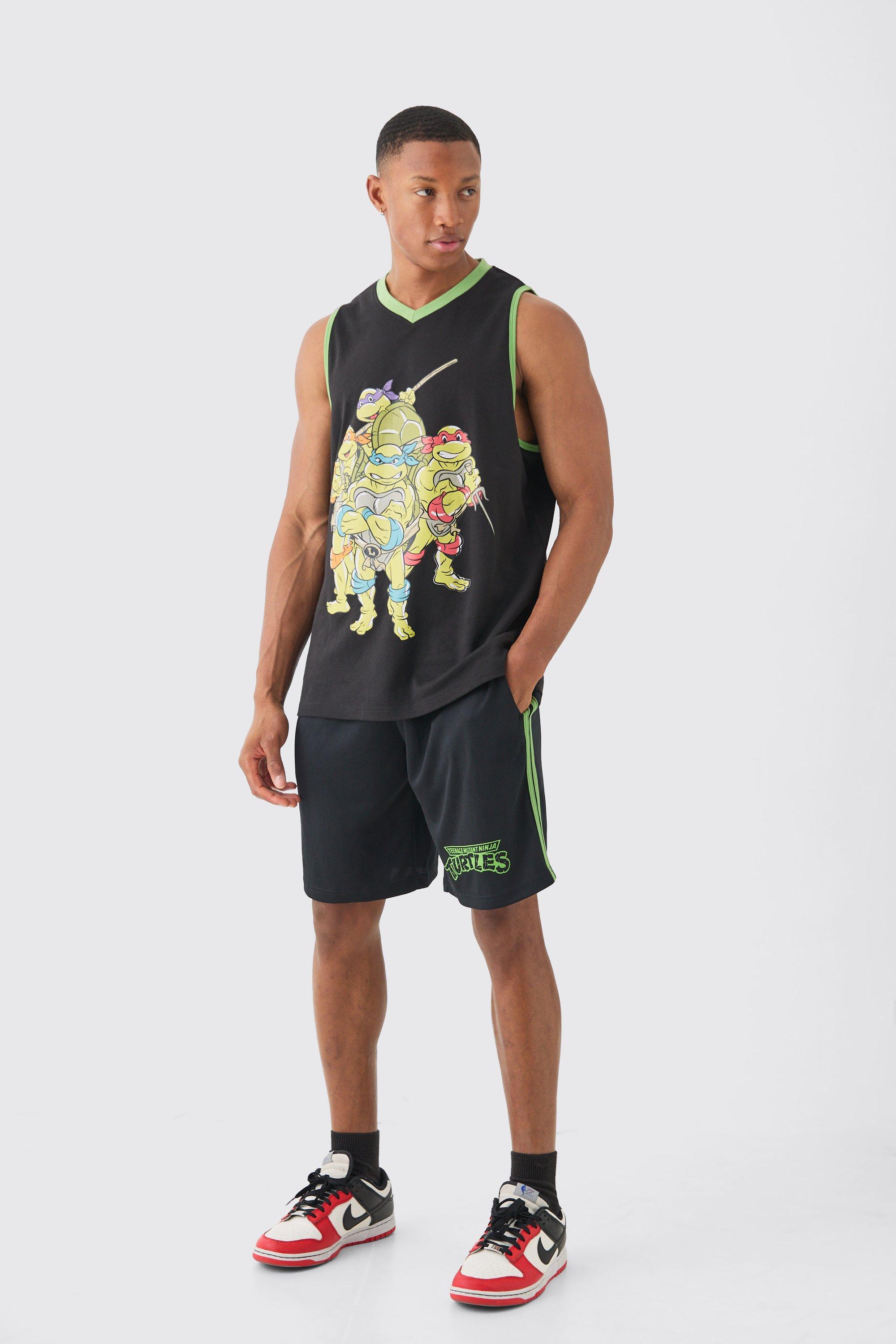 Image of Oversized Ninja Turtles License Vest And Mesh Short Set, Nero
