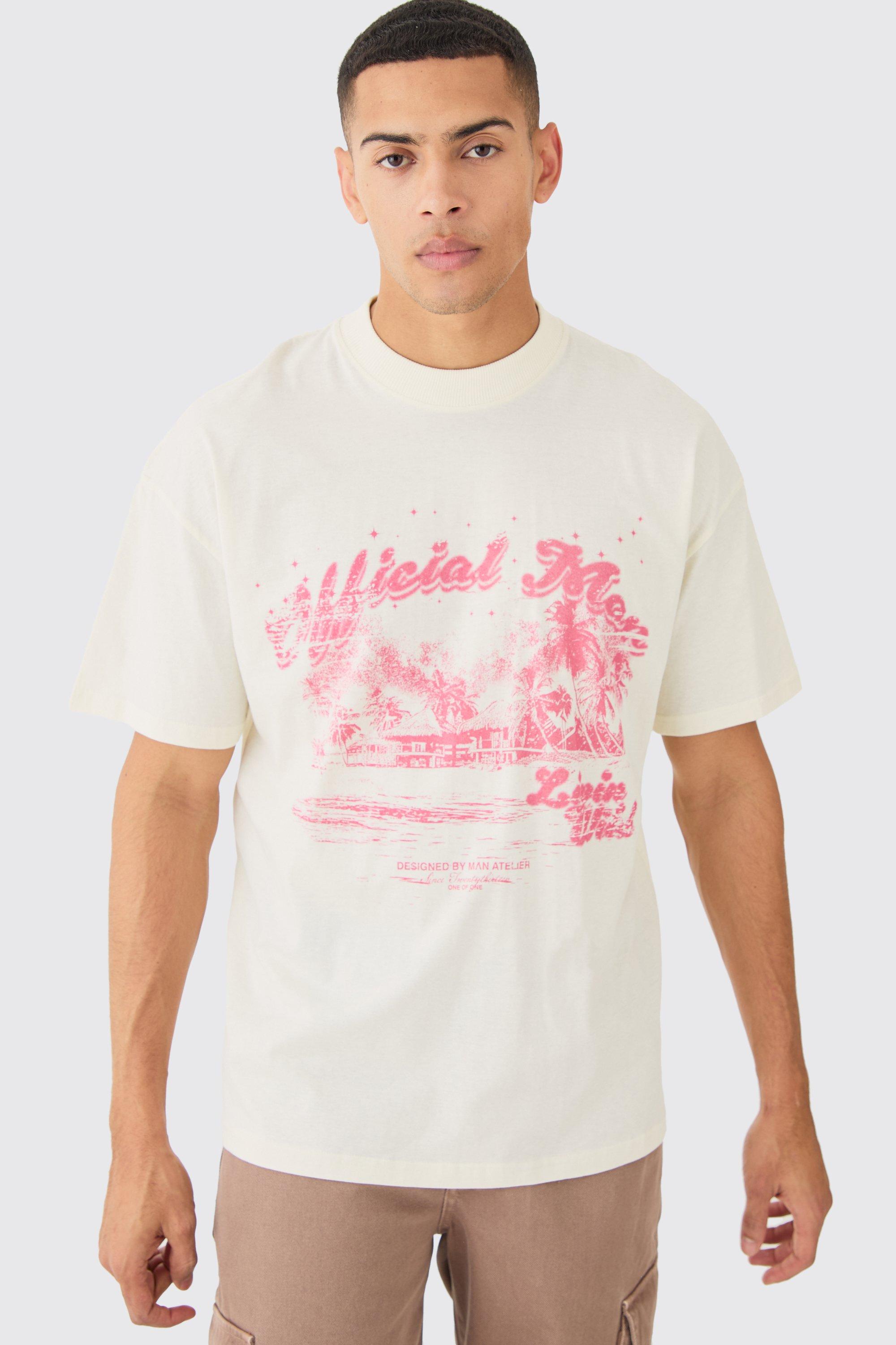 Image of T-shirt oversize Official Man con girocollo esteso, Cream