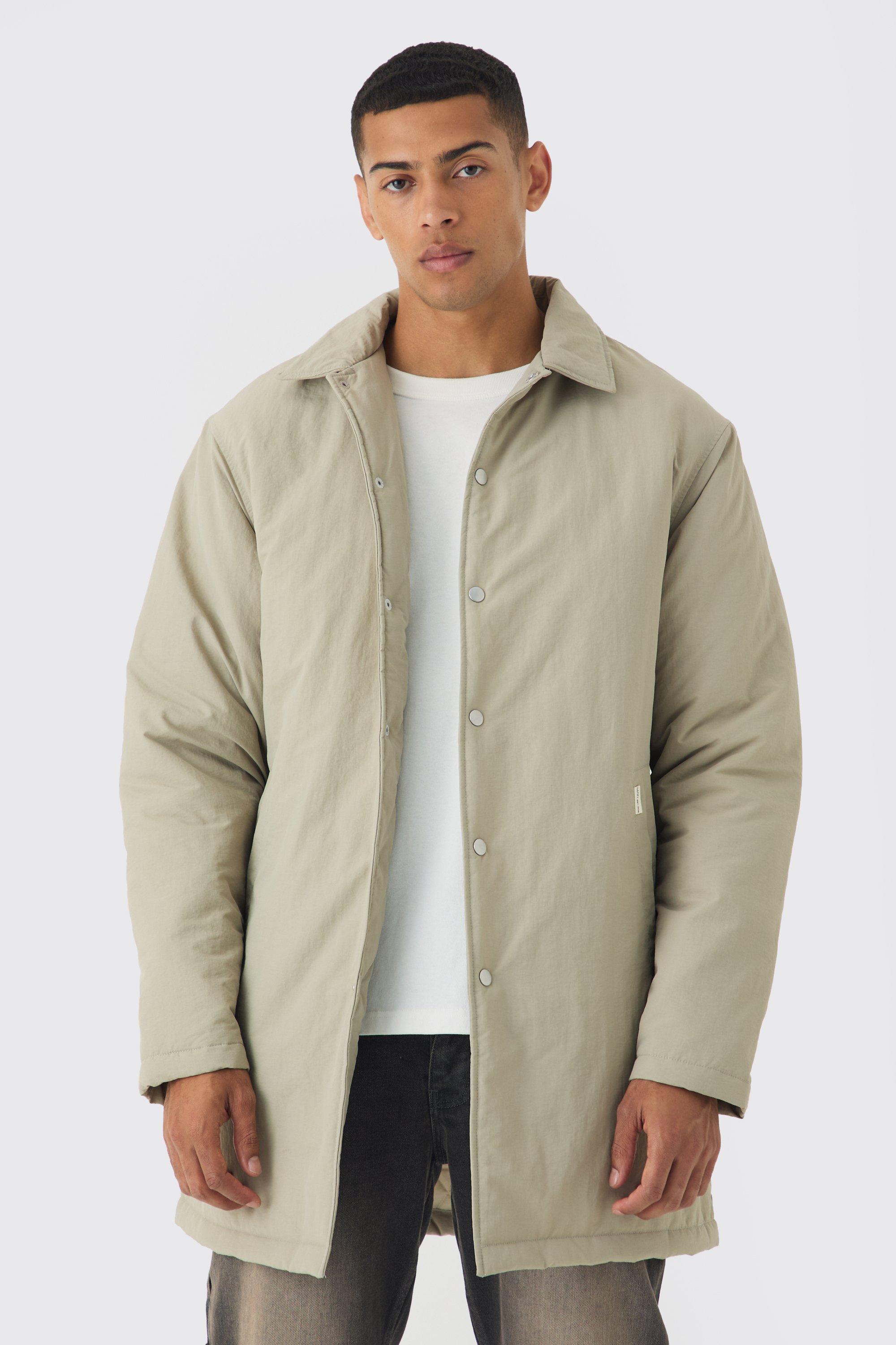 Mens Beige Man Tab Crinkle Longline Mac Jacket In Sand, Beige
