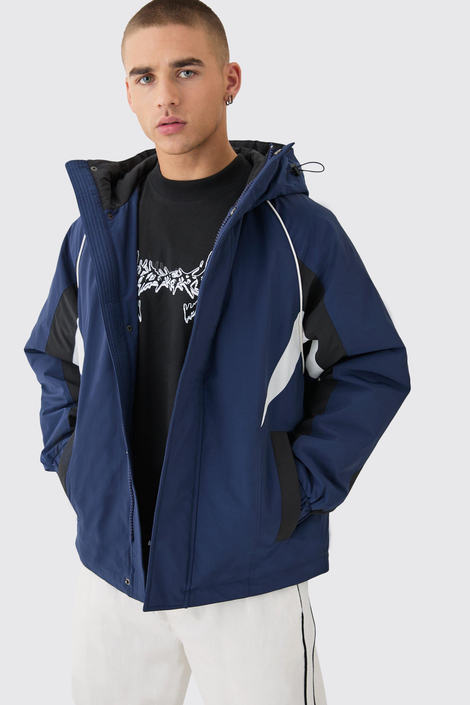 Mens Hooded Colour Block Parka In Navy, Navy