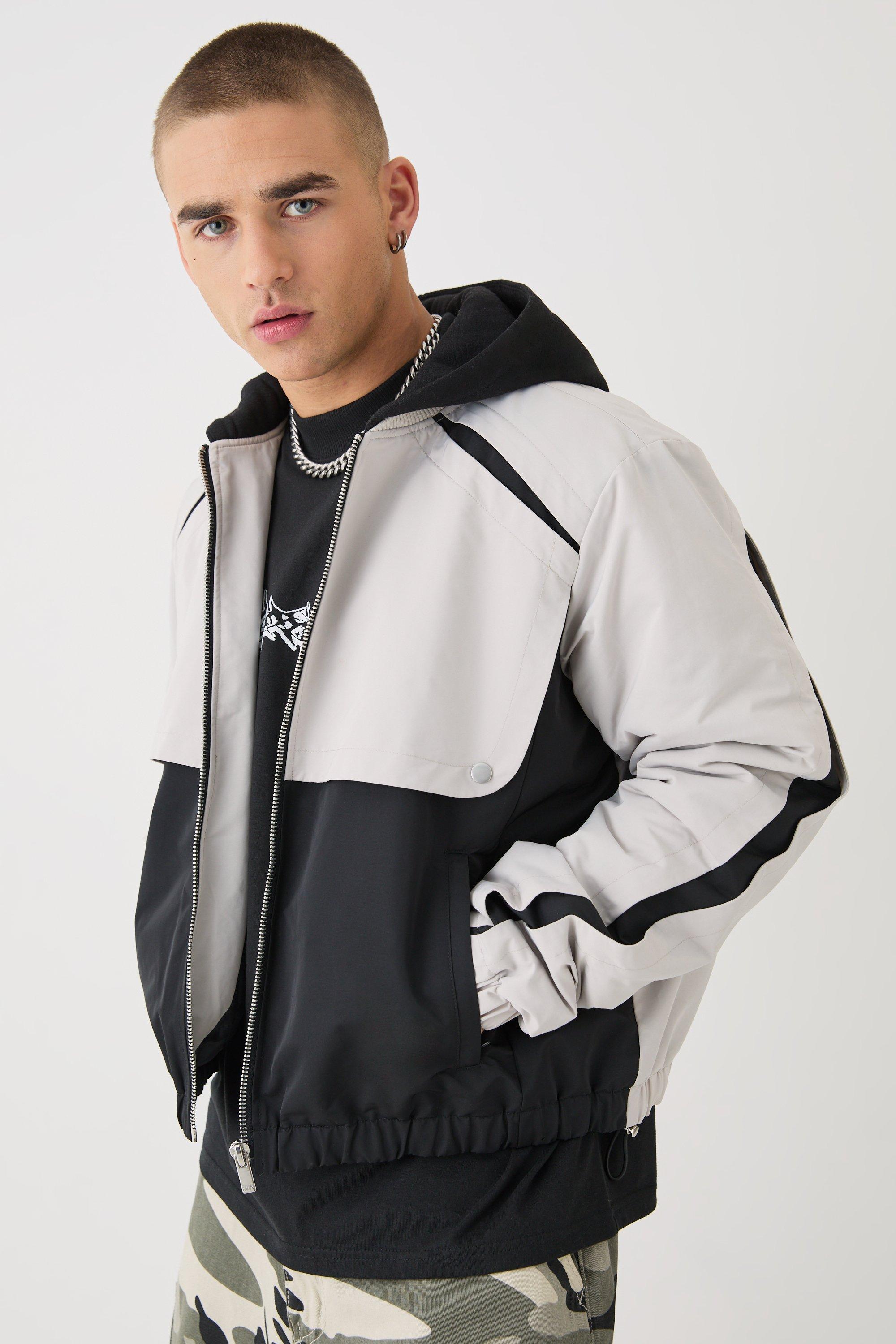 Mens Boxy Colour Block Panel Hooded Bomber In Black, Black