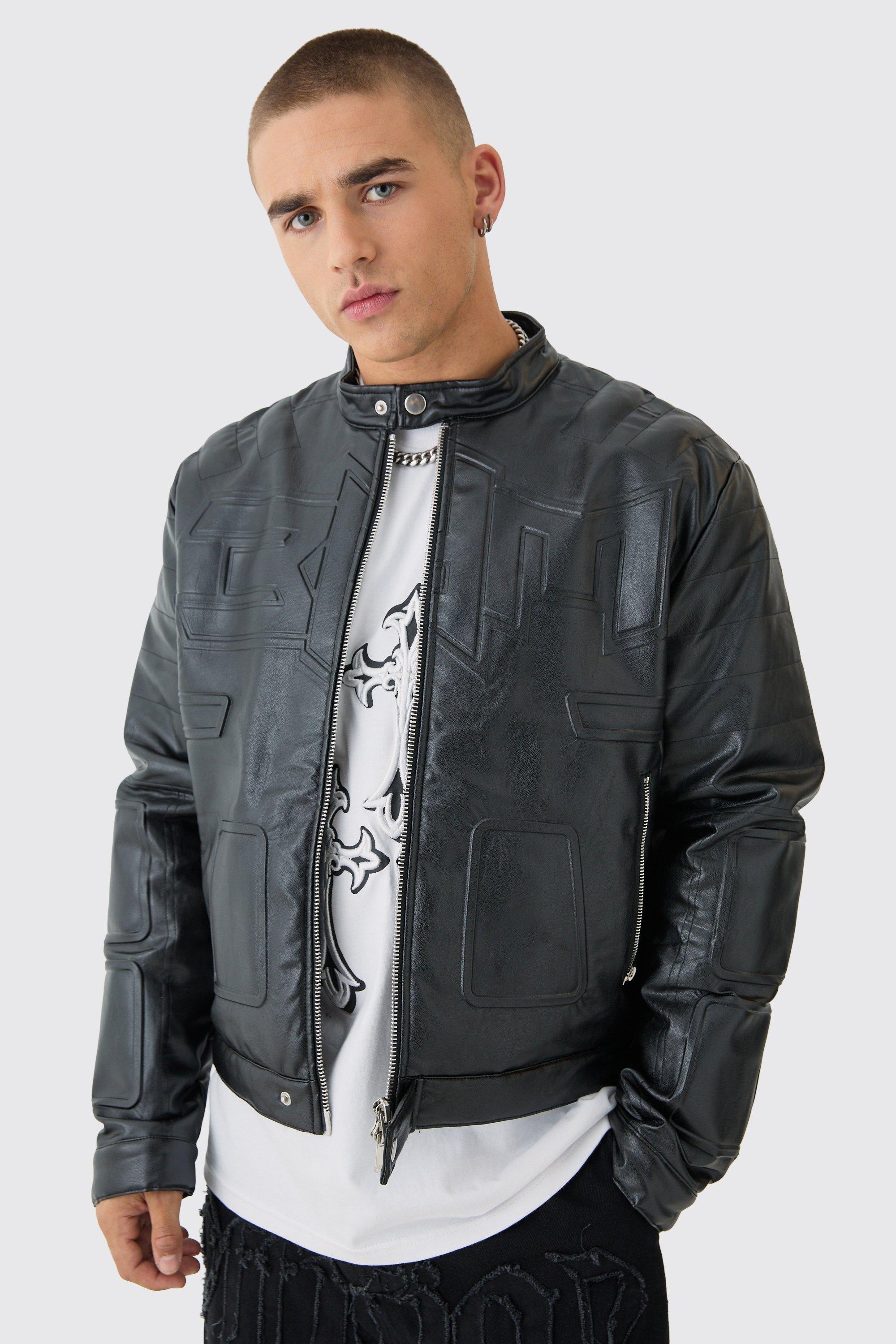 Mens Boxy BHM Tonal Pu Moto Jacket In Black, Black