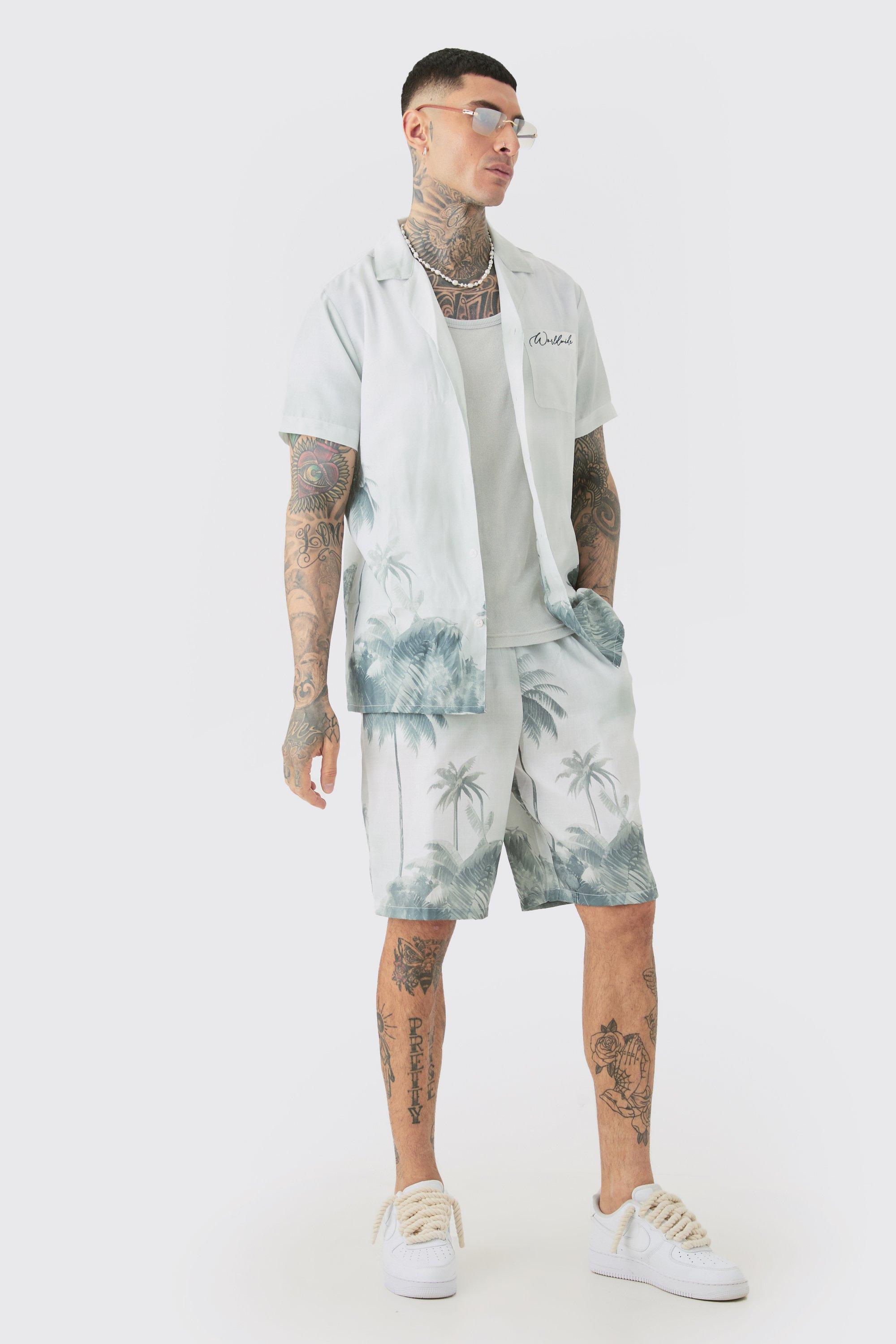 Mens Grey Tall Linen Look Watercolour Landscape Shirt & Short Set, Grey