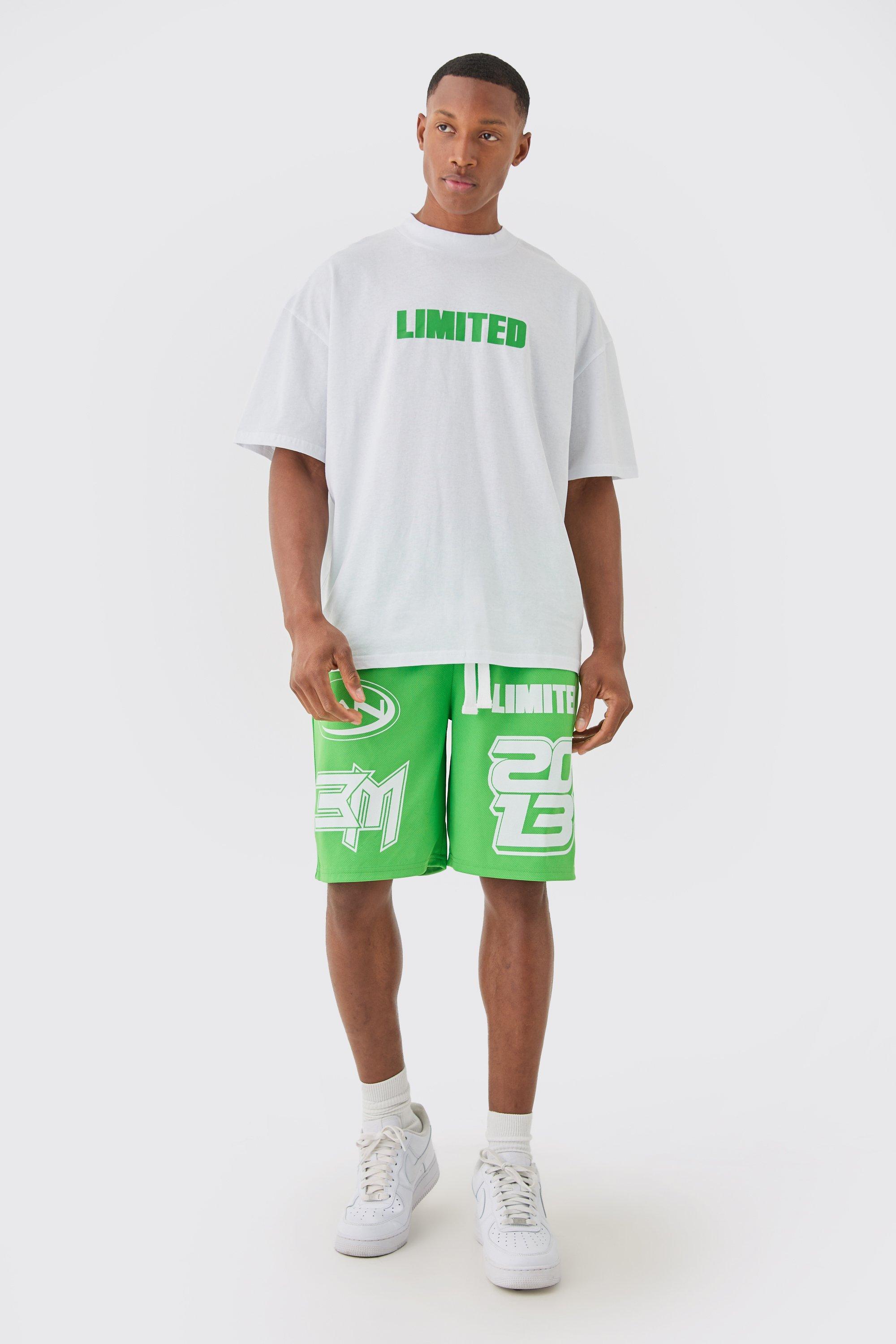 Image of Oversized Extended Neck Limited T-shirt & Mesh Shorts, Verde