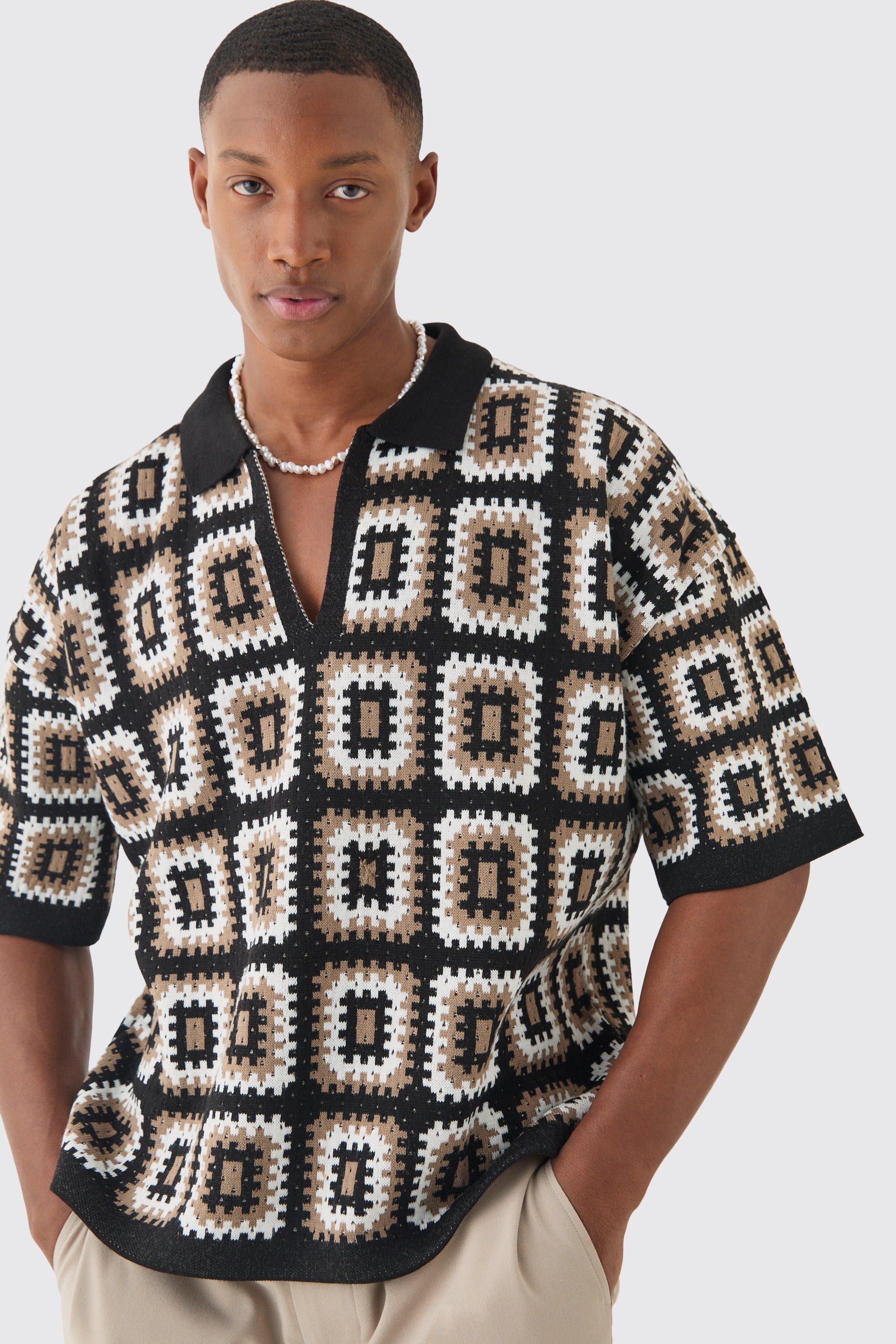 Polo squadrata oversize in maglia all'uncinetto nera, Nero