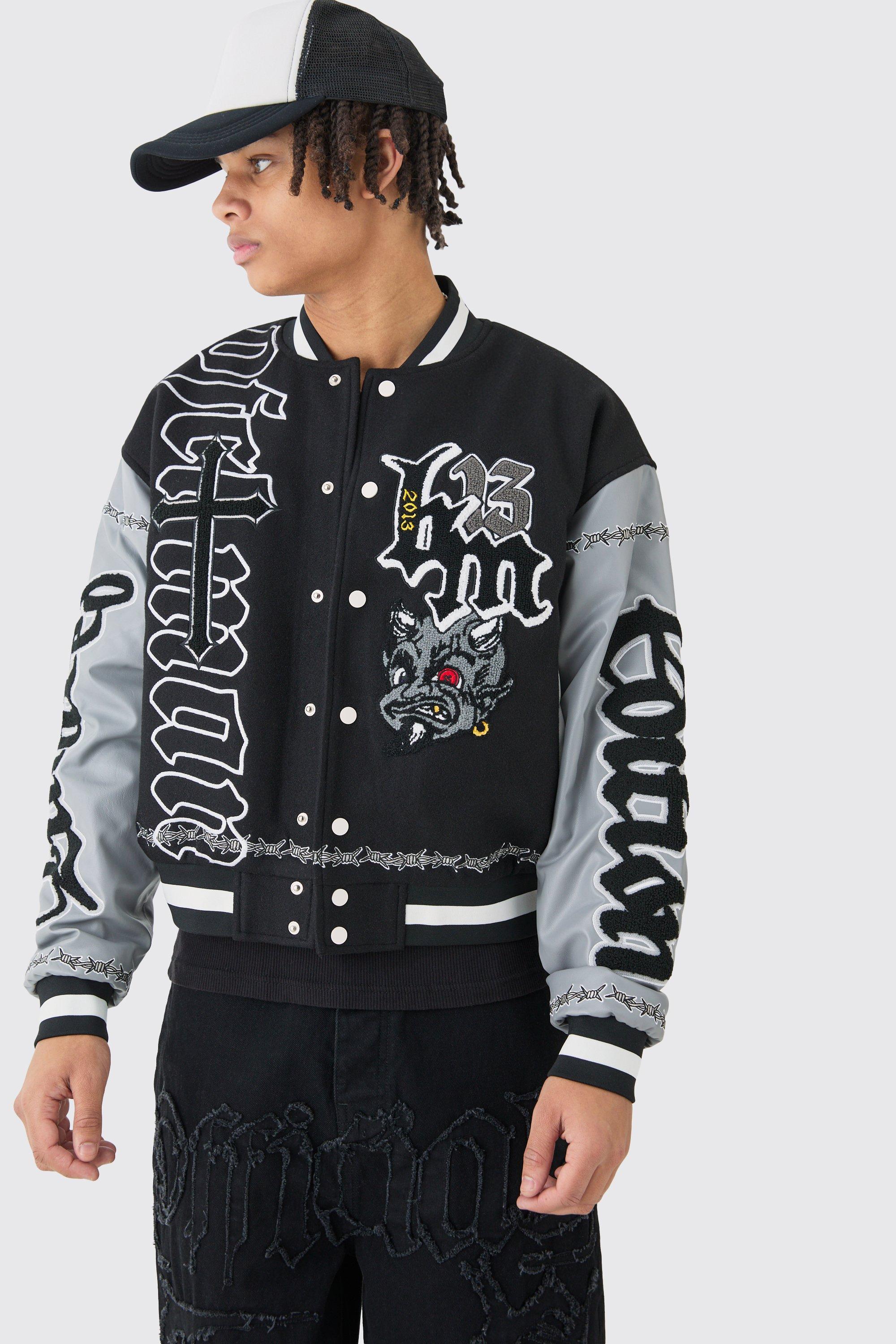 Mens Boxy Limited Badge Pu Sleeve Varsity Jacket In Black, Black