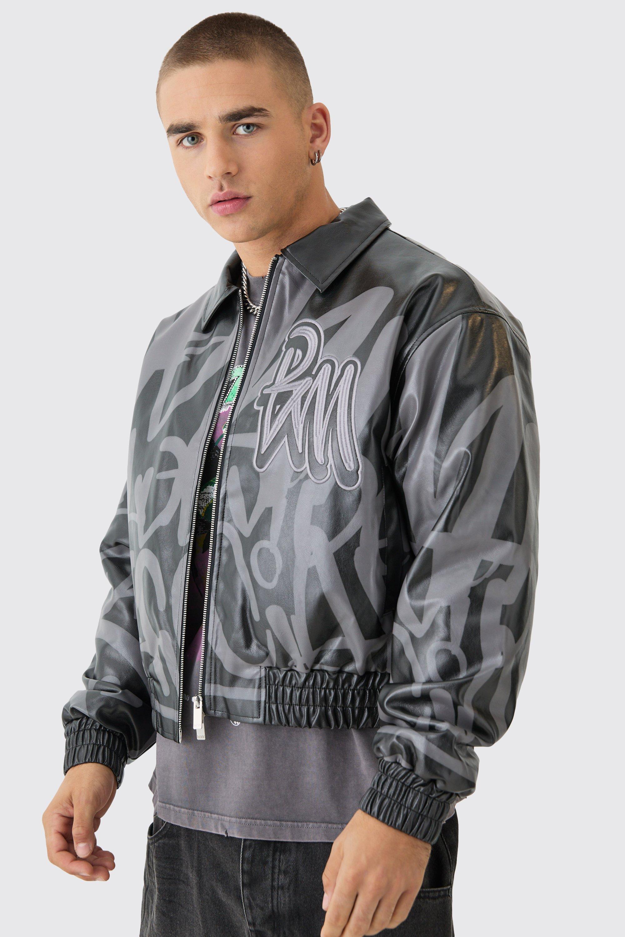 Mens Boxy Bm Printed Collared Bomber Jacket In Black, Black