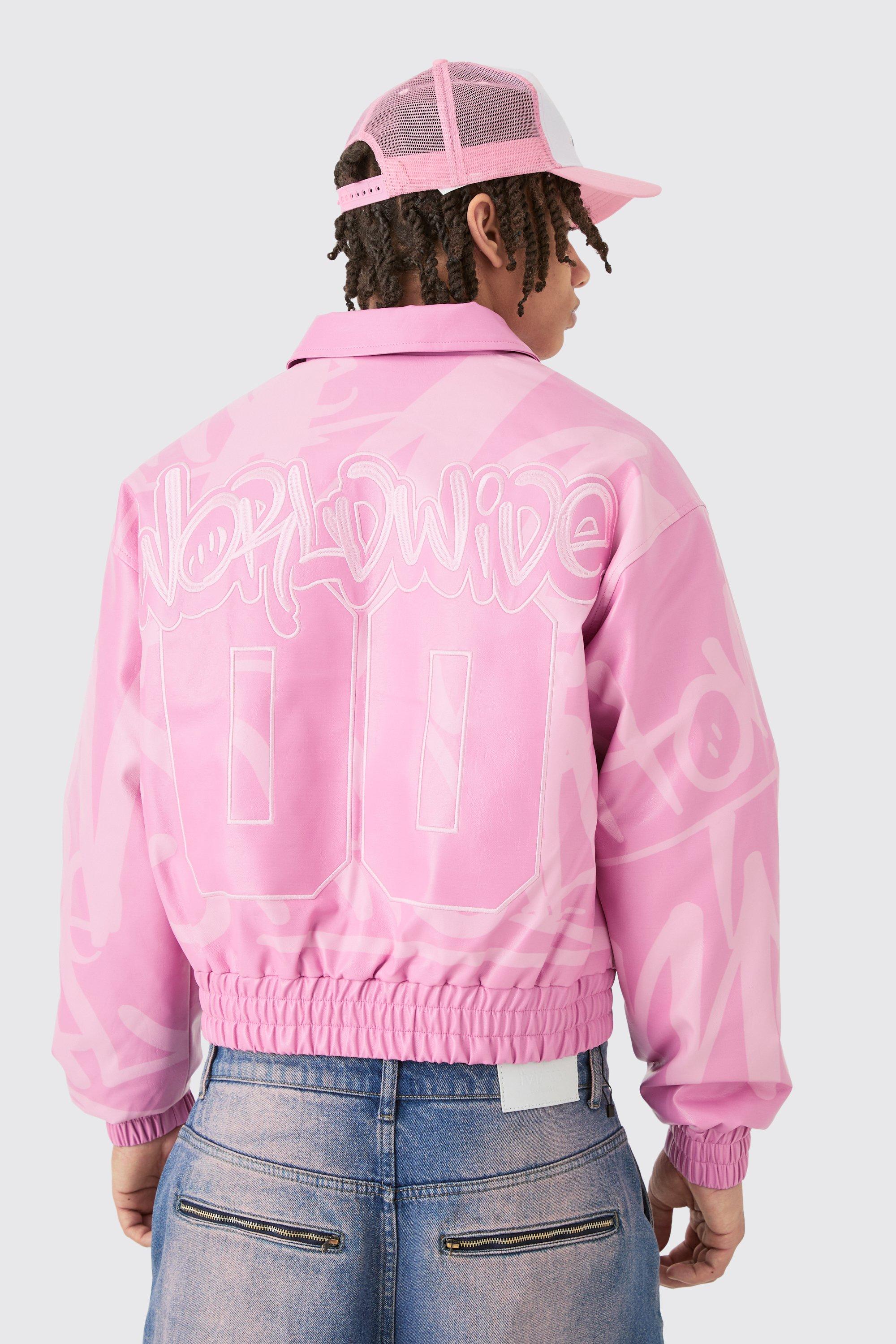 Giacca Bomber squadrata rosa con stampa BM e colletto, Pink