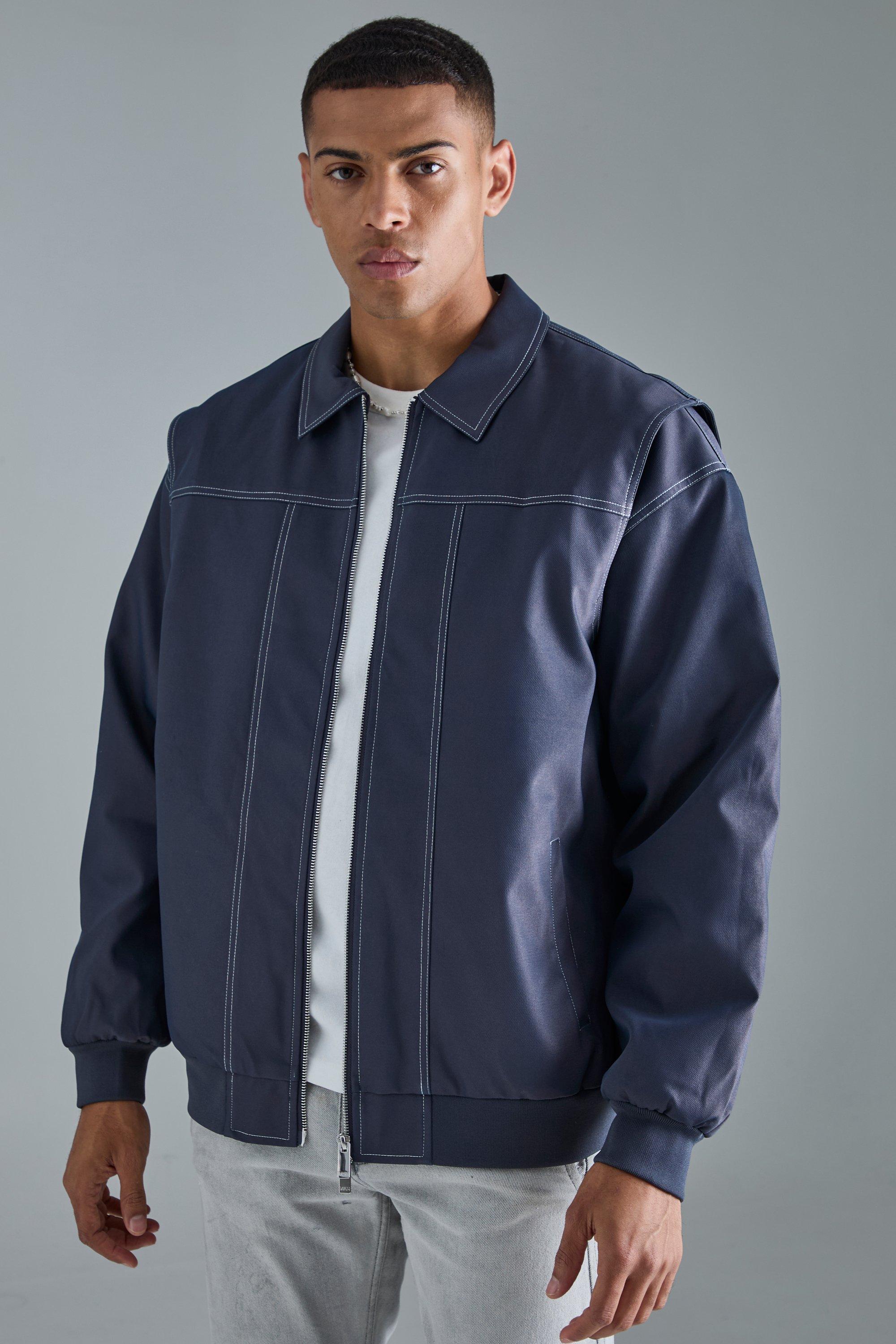 Giacca Bomber oversize blu navy con pannelli in PU, Navy