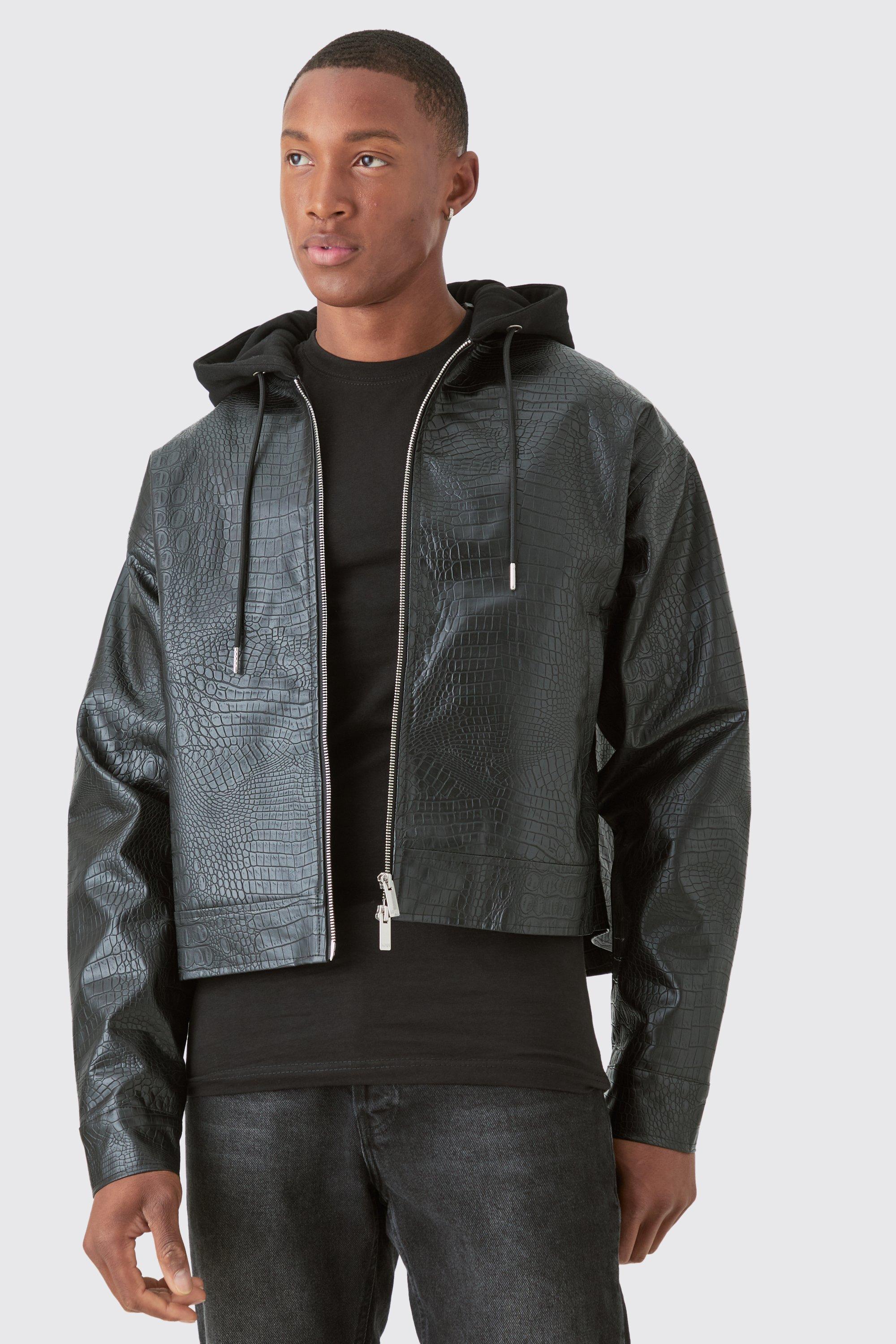 Mens Boxy Jersey Hooded Pu Bomber Jacket In Black, Black