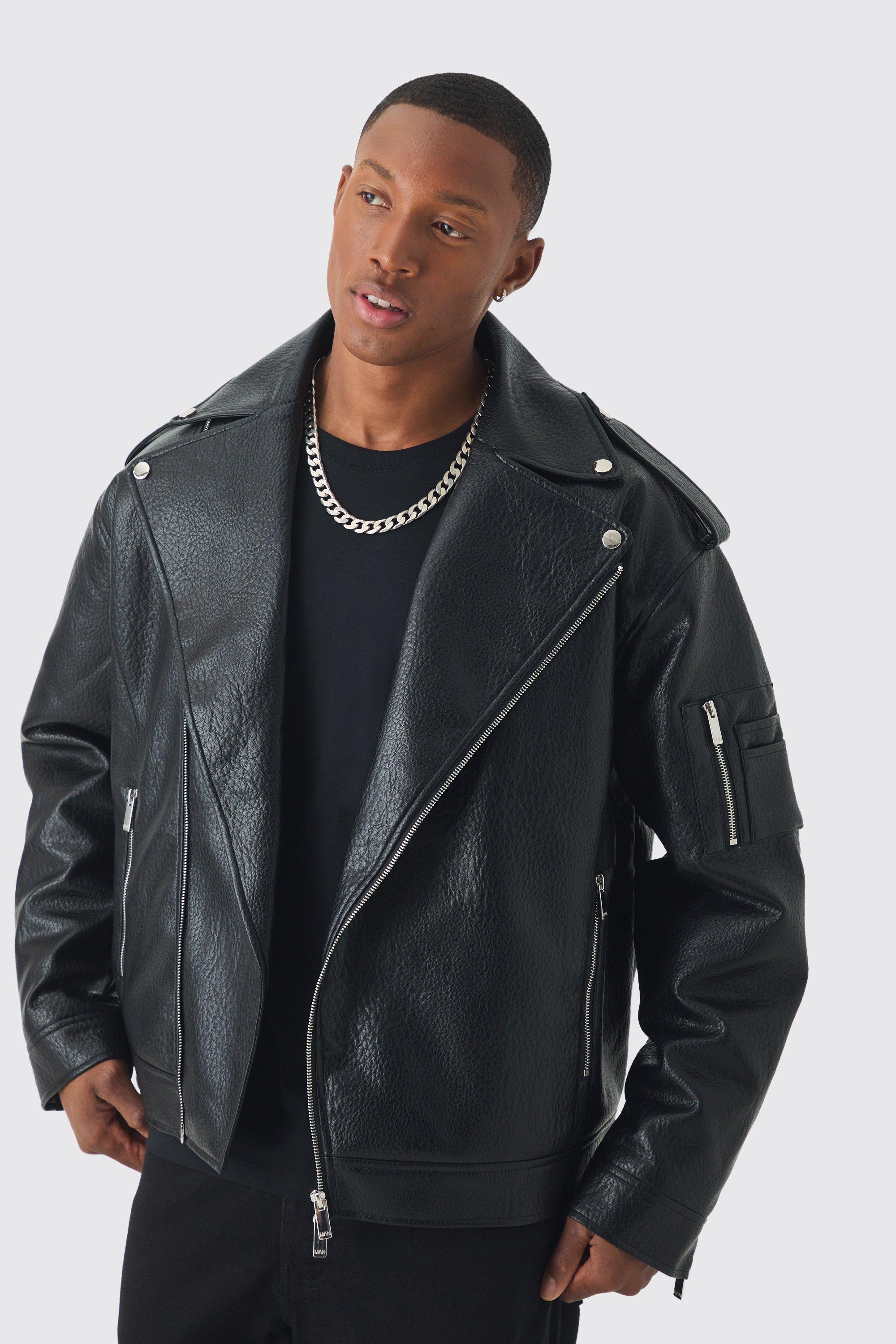 Image of Giacca da biker super oversize in PU con trama in colore nero, Nero