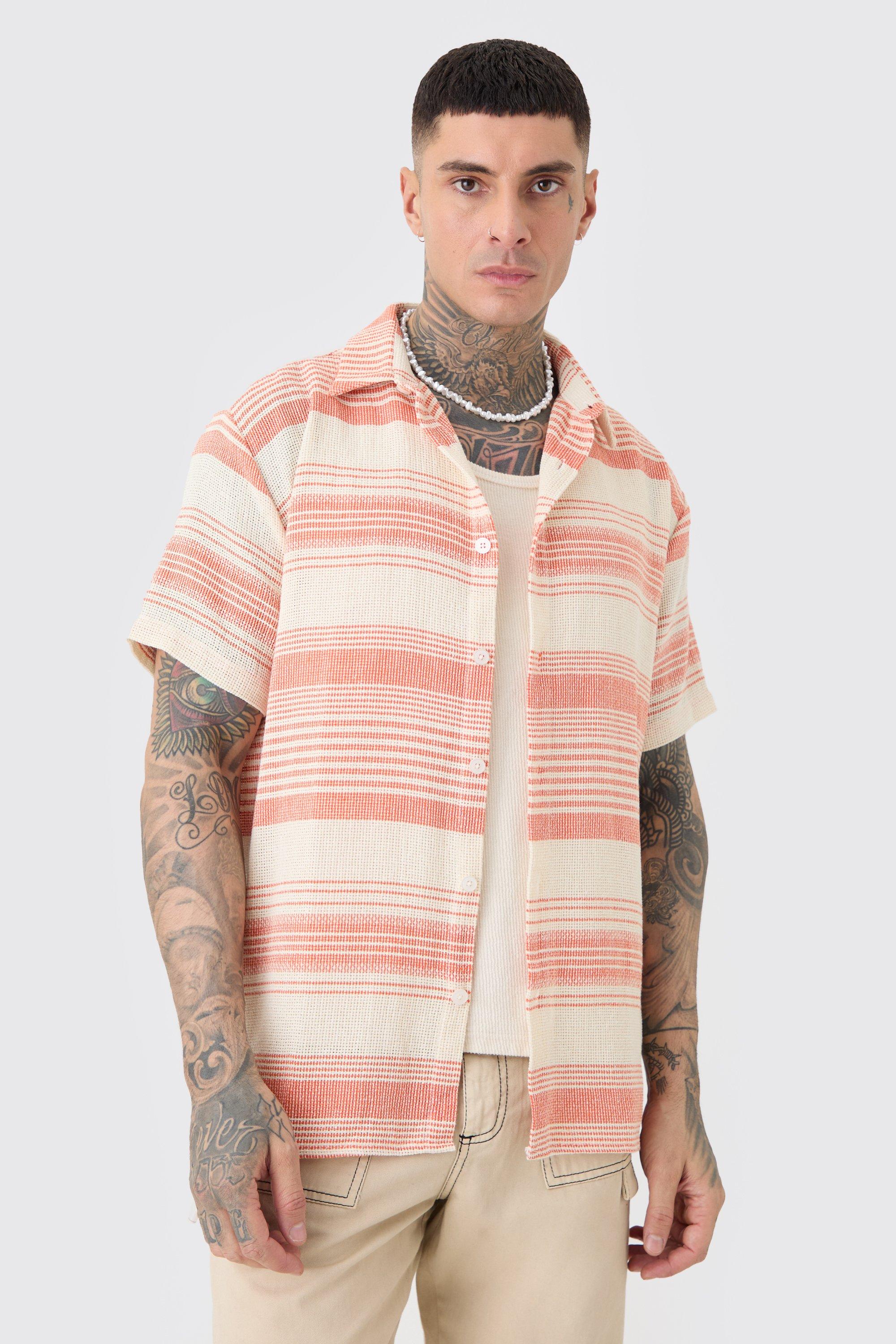 Mens Beige Tall Short Sleeve Oversized Textured Stripe Shirt In Stone, Beige