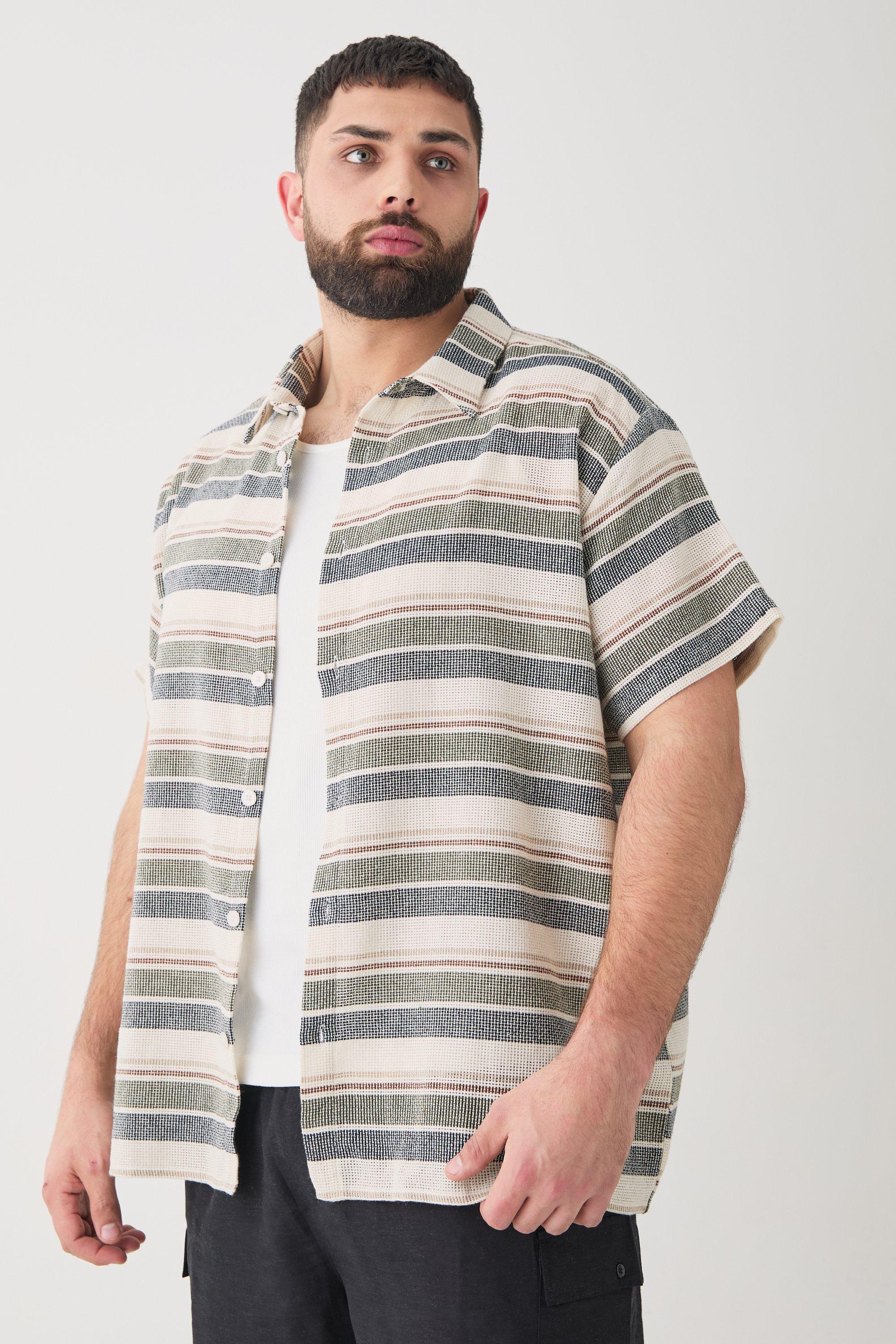 Image of Plus Short Sleeve Oversized Textured Stripe Shirt In Stone, Beige