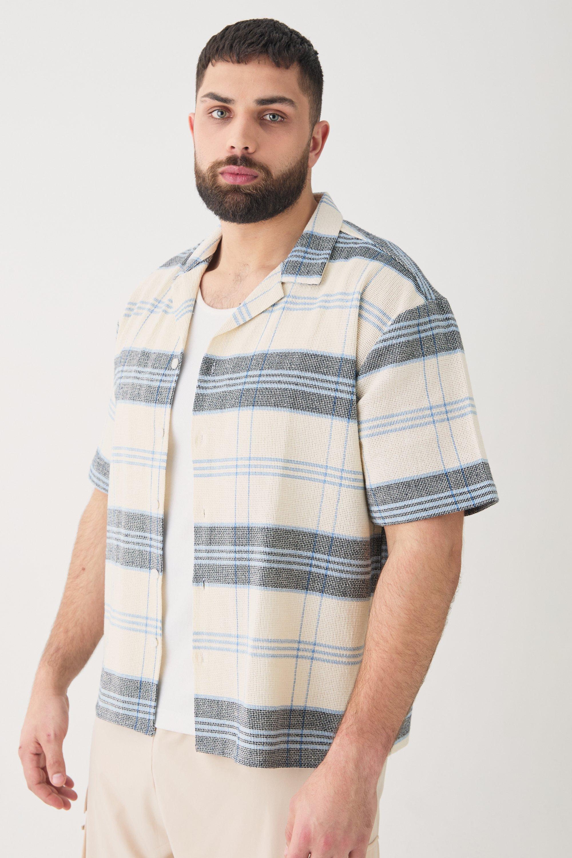 Image of Plus Short Sleeve Drop Revere Textured Check Shirt In Stone, Beige