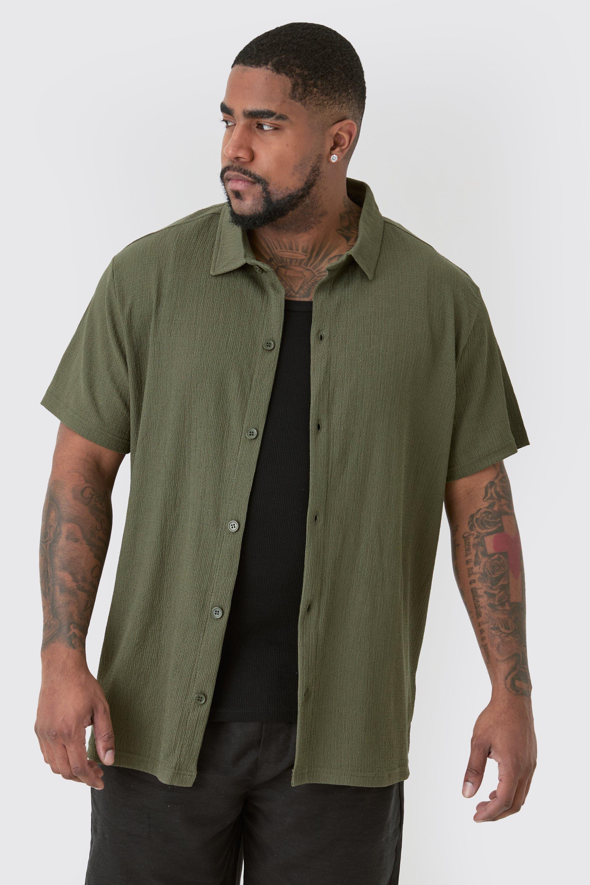 Mens Green Plus Short Sleeve Regular Textured Shirt In Khaki, Green