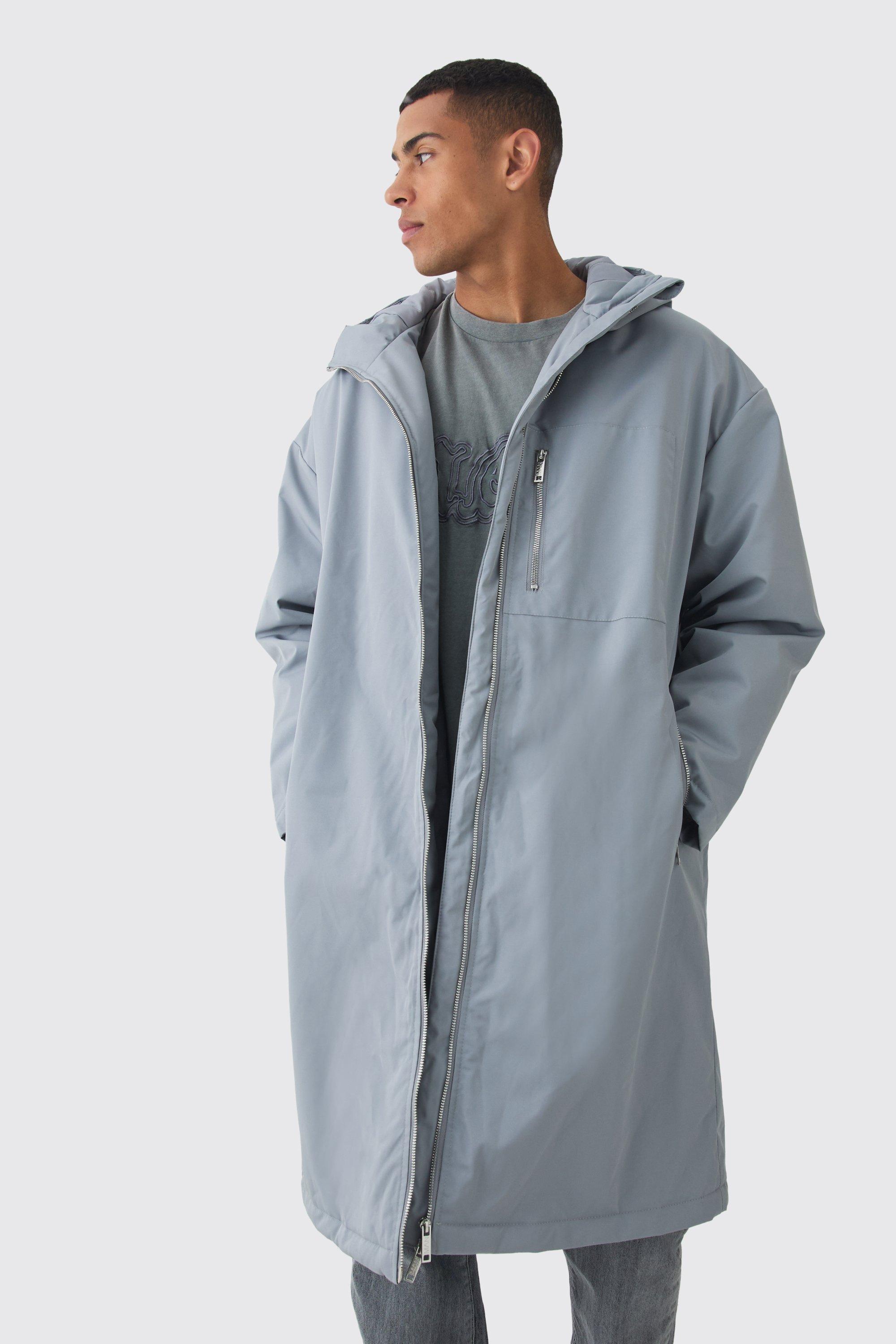Mens Oversized Padded Tech Longline Mac In Grey, Grey