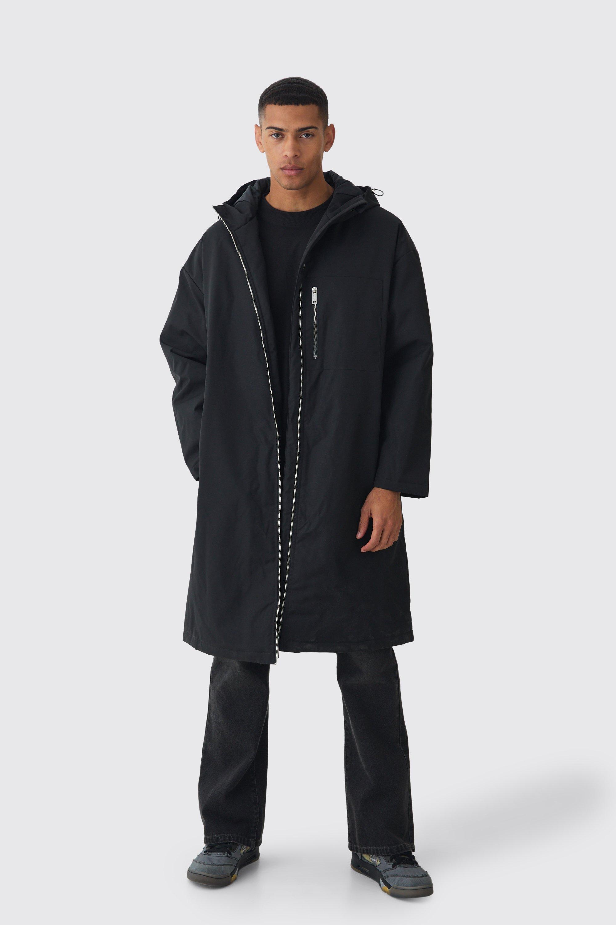 Mens Oversized Padded Tech Longline Mac In Black, Black