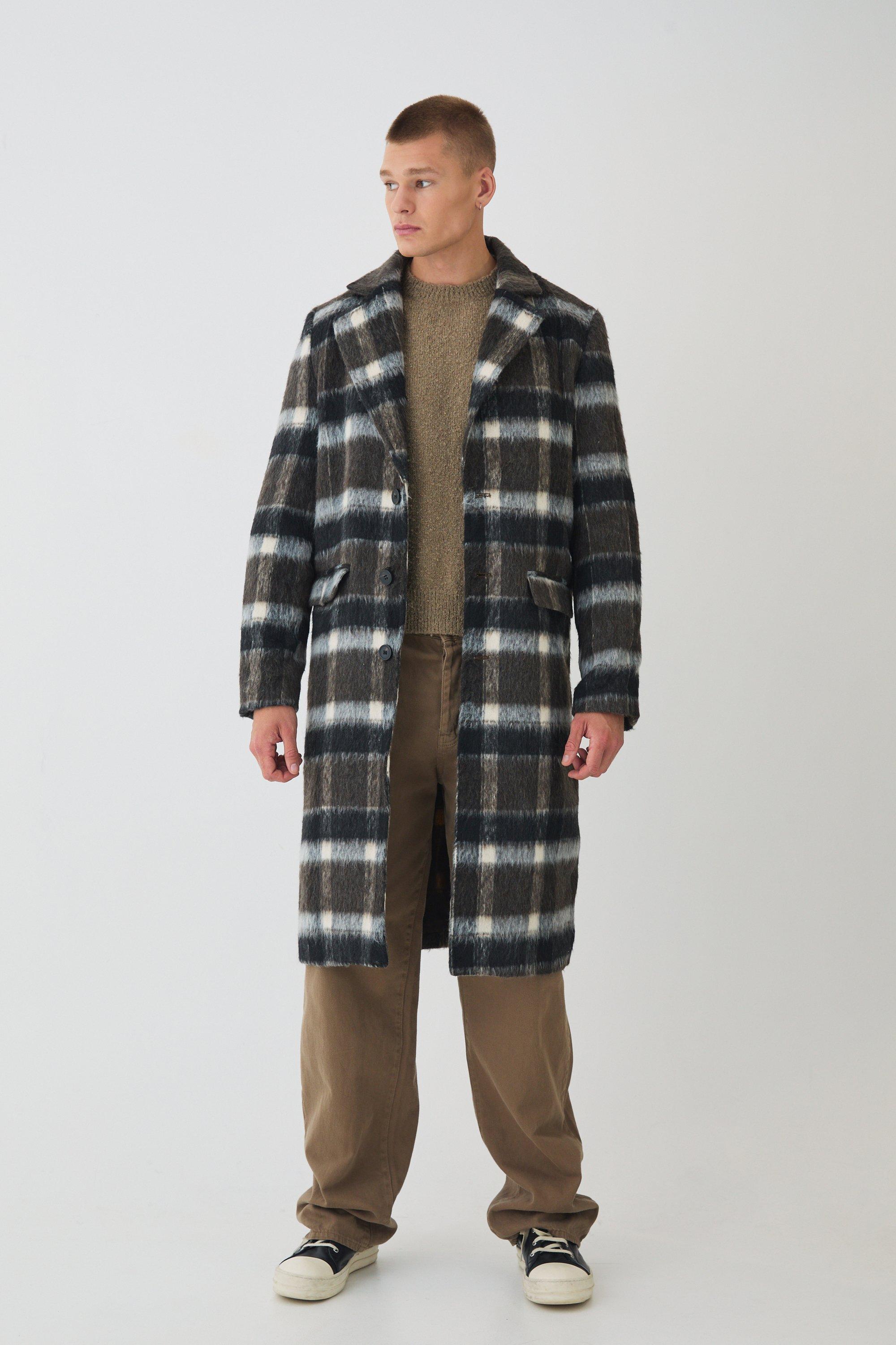 Mens Brushed Check Overcoat In Brown, Brown